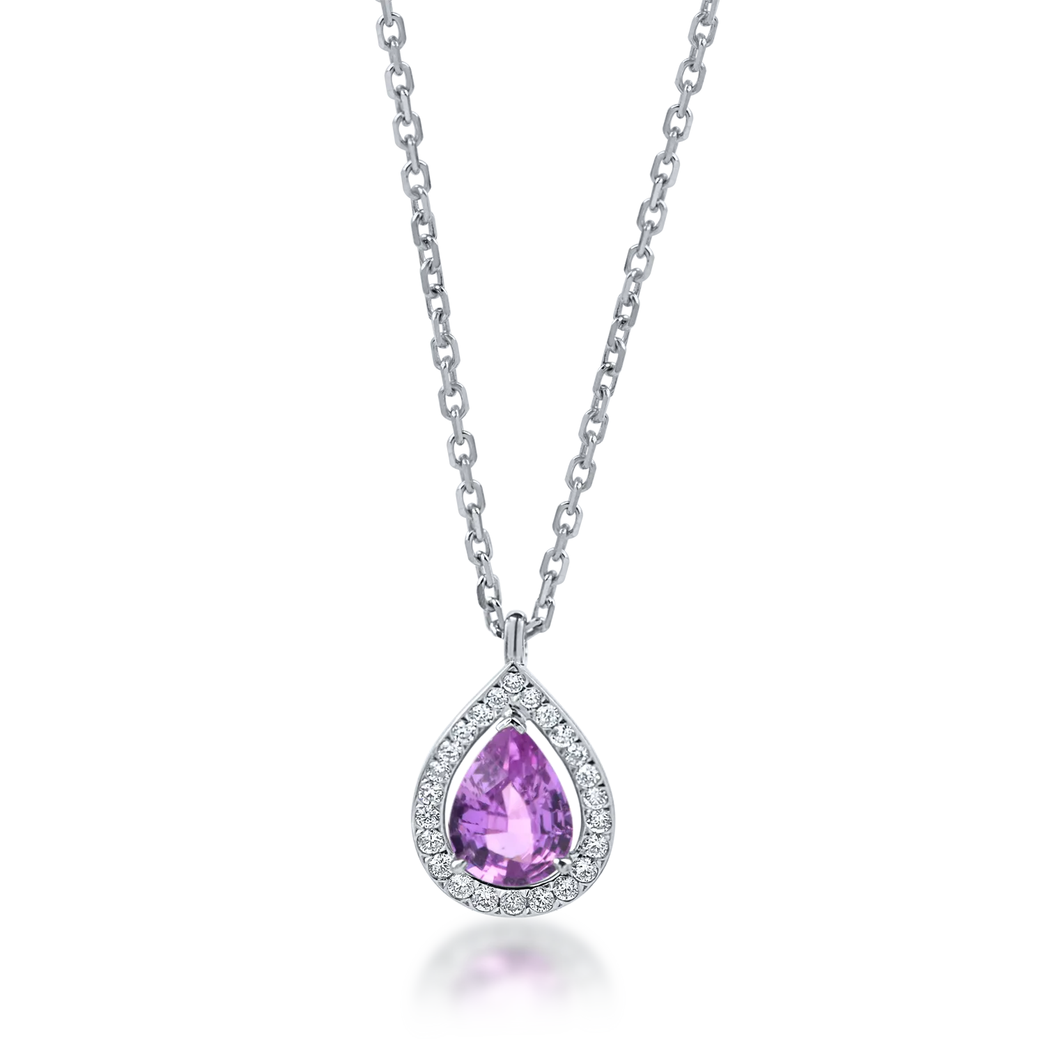 Teilor Lant cu pandantiv lacrima din aur alb cu safir roz si diamante de 0.8ct