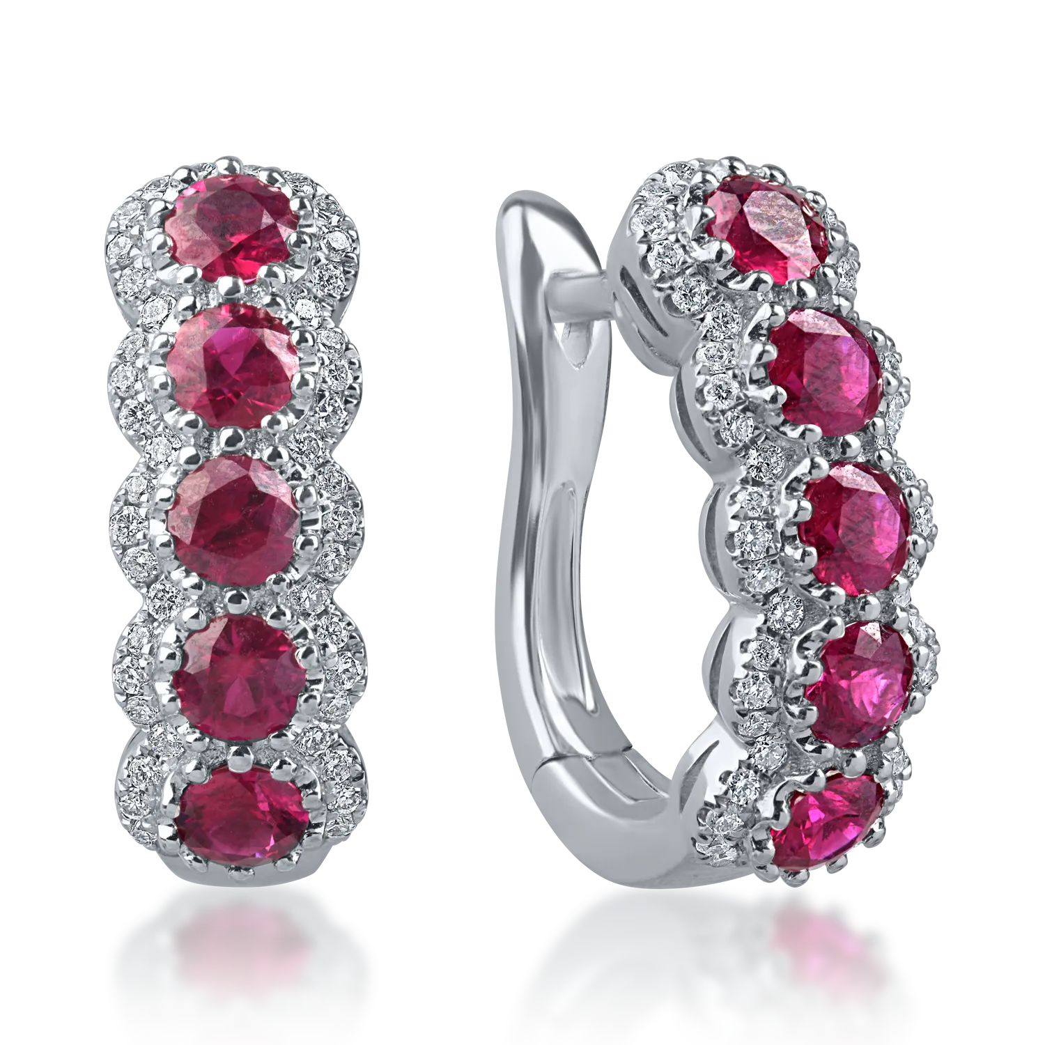 Cercei cu tortite din aur alb cu rubine si diamante de 1.5ct