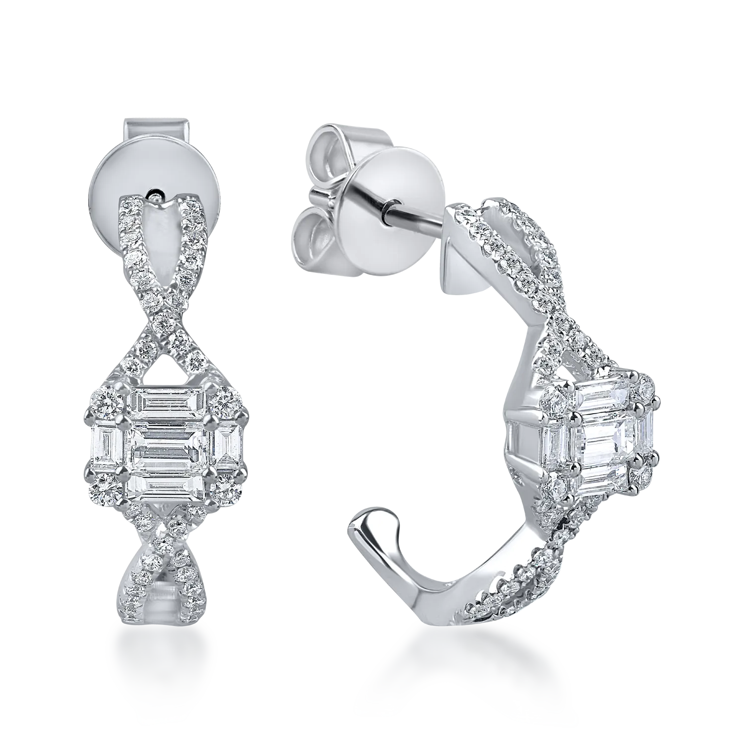 Cercei geometrici din aur alb cu diamante baguette si rotunde de 1ct