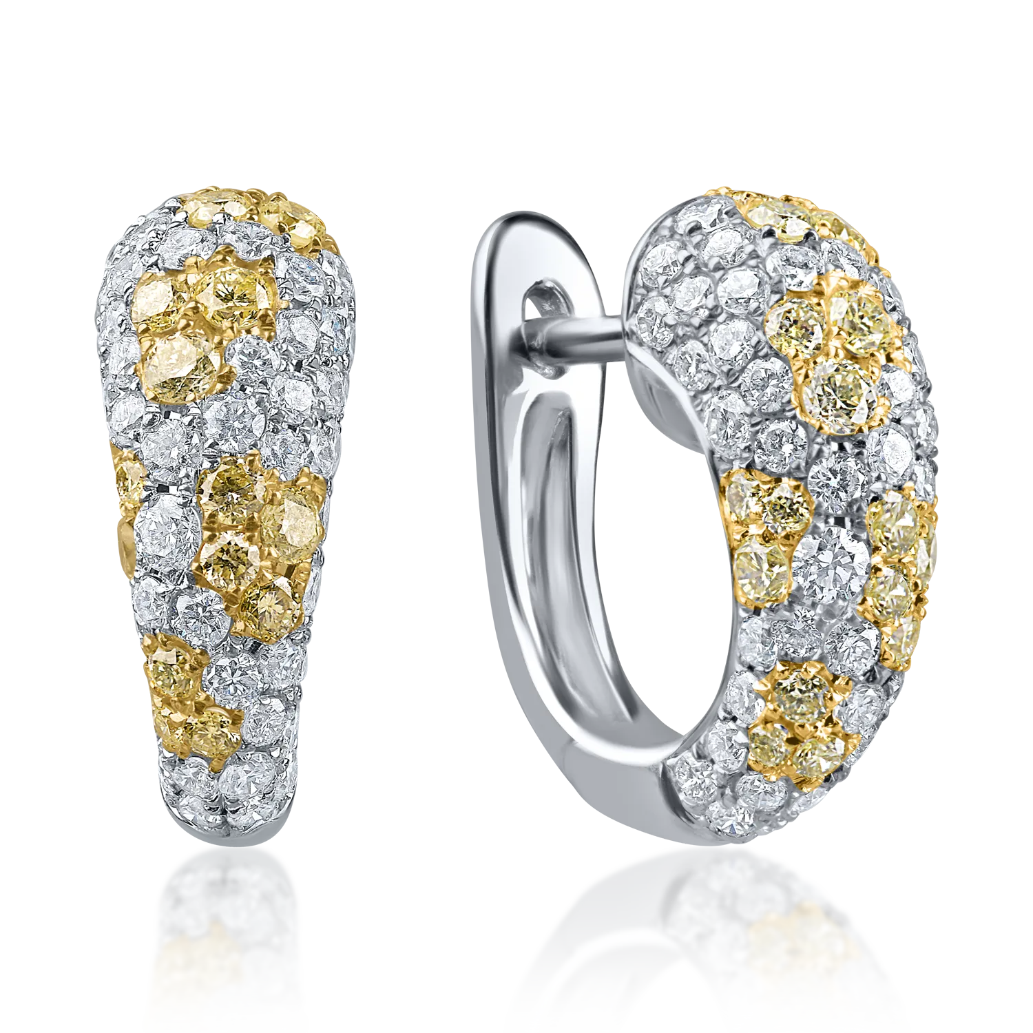 Cercei din aur alb cu diamante galbene baguette si incolore rotunde de 1.55ct