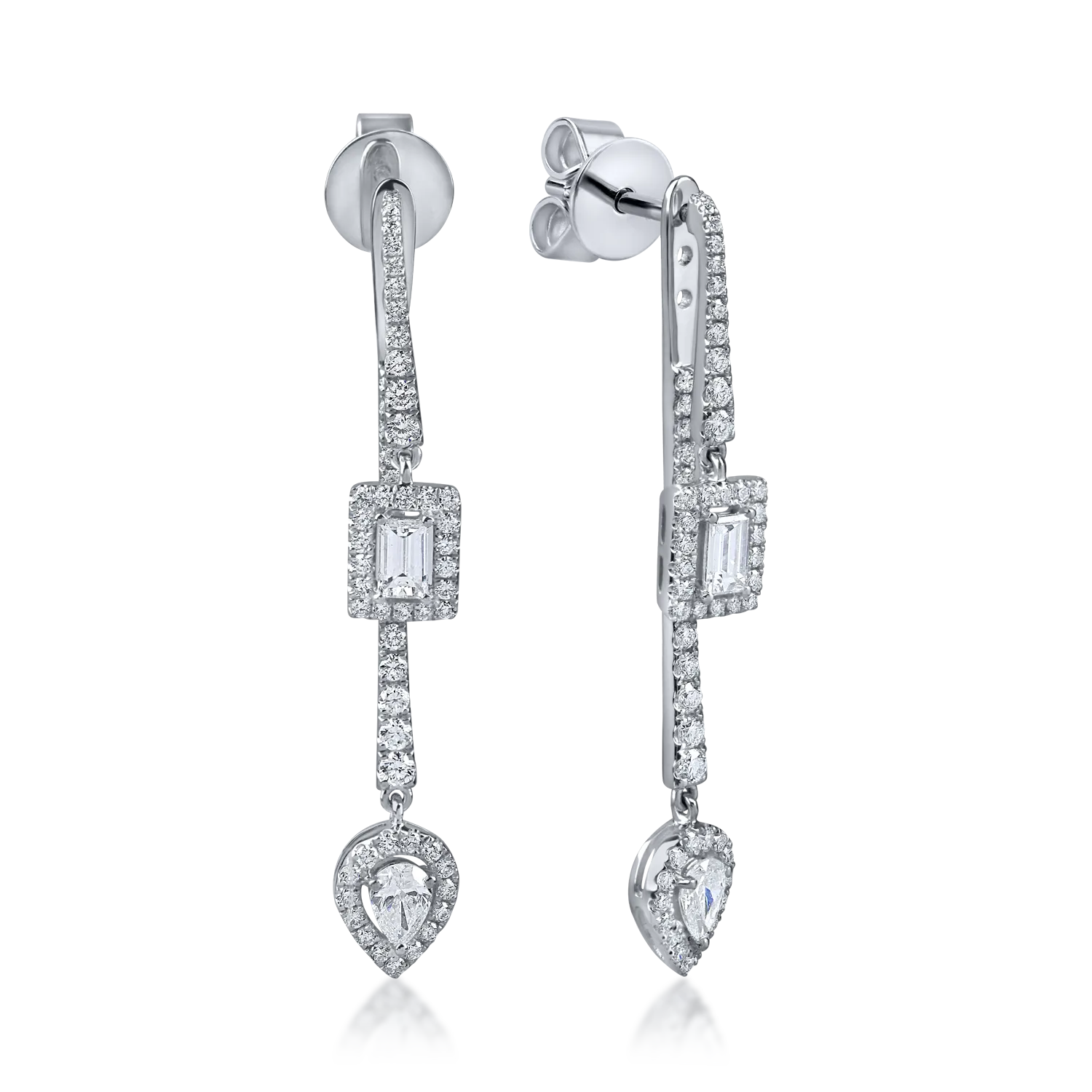 Cercei geometrici din aur alb cu diamante baguette, princess si rotunde de 1.55ct