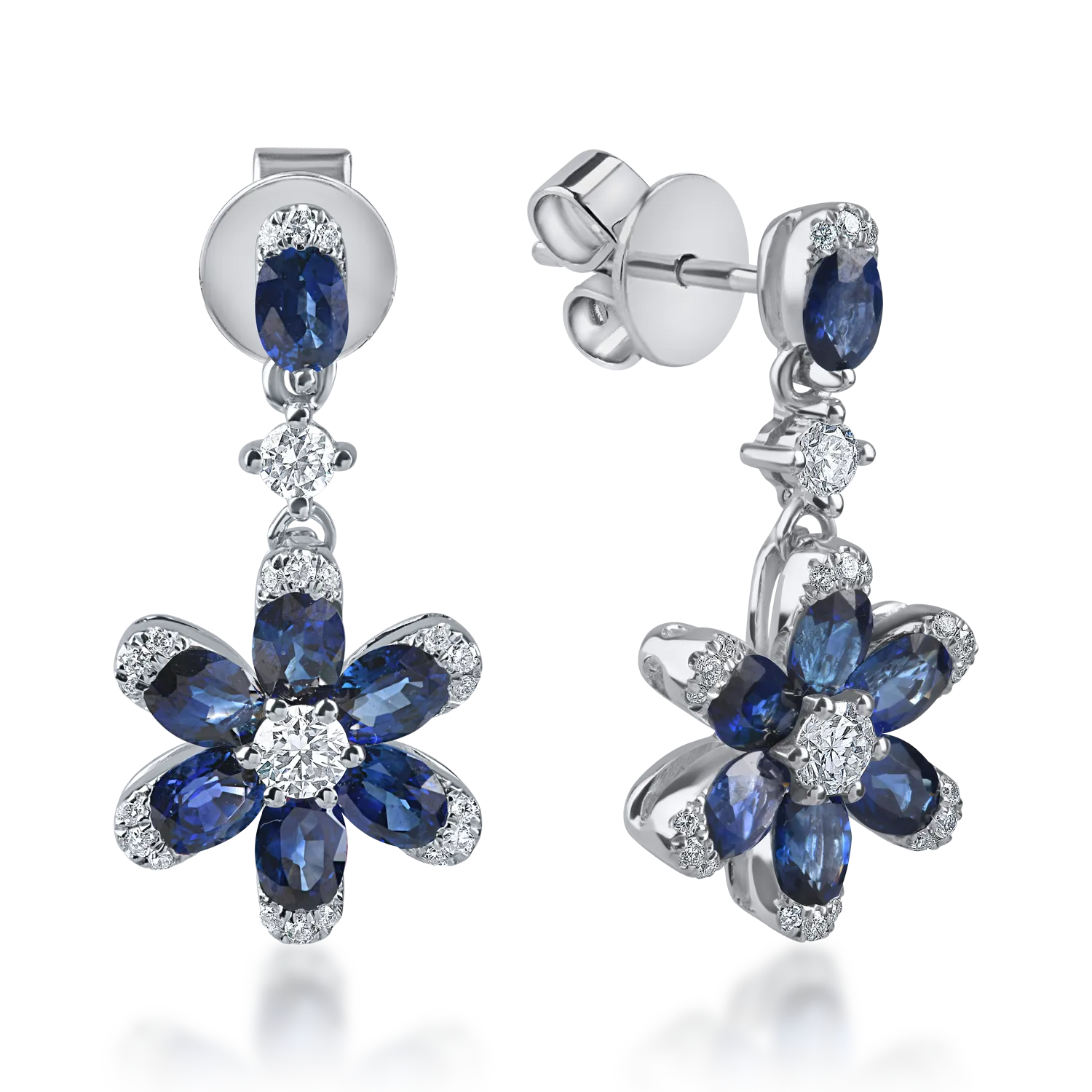 White gold flower earrings with 2ct sapphires and diamonds
