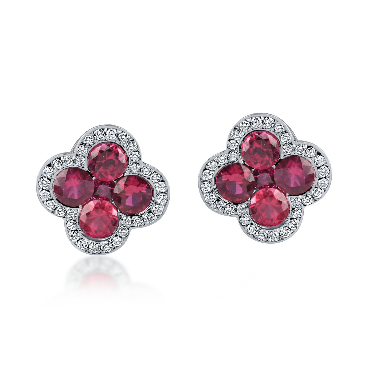 Cercei florali din aur alb cu rubine de 1.54 si diamante de 0.35ct