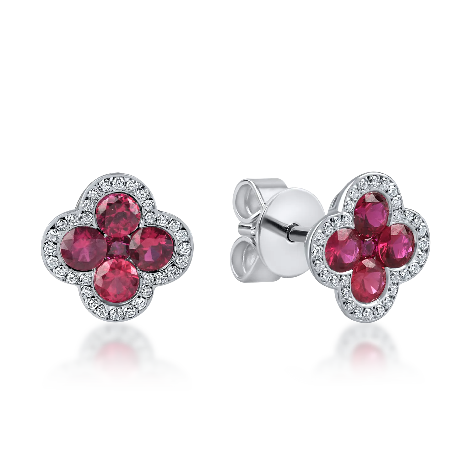 Cercei florali din aur alb cu rubine de 1.54 si diamante de 0.35ct