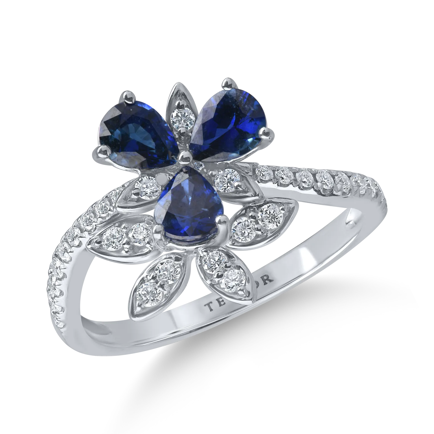 Inel floral din aur alb cu safire pear si diamante de 1.3ct