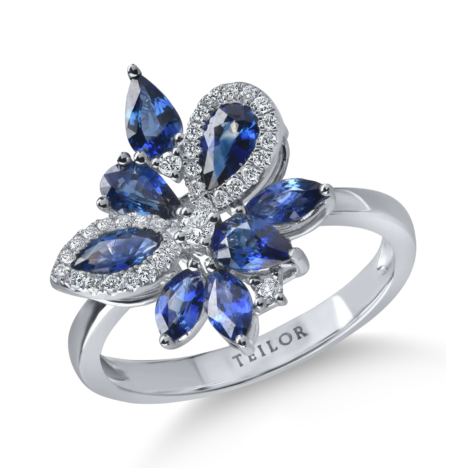 Inel din aur alb cu safire marquise si pear si diamante de 1.6ct