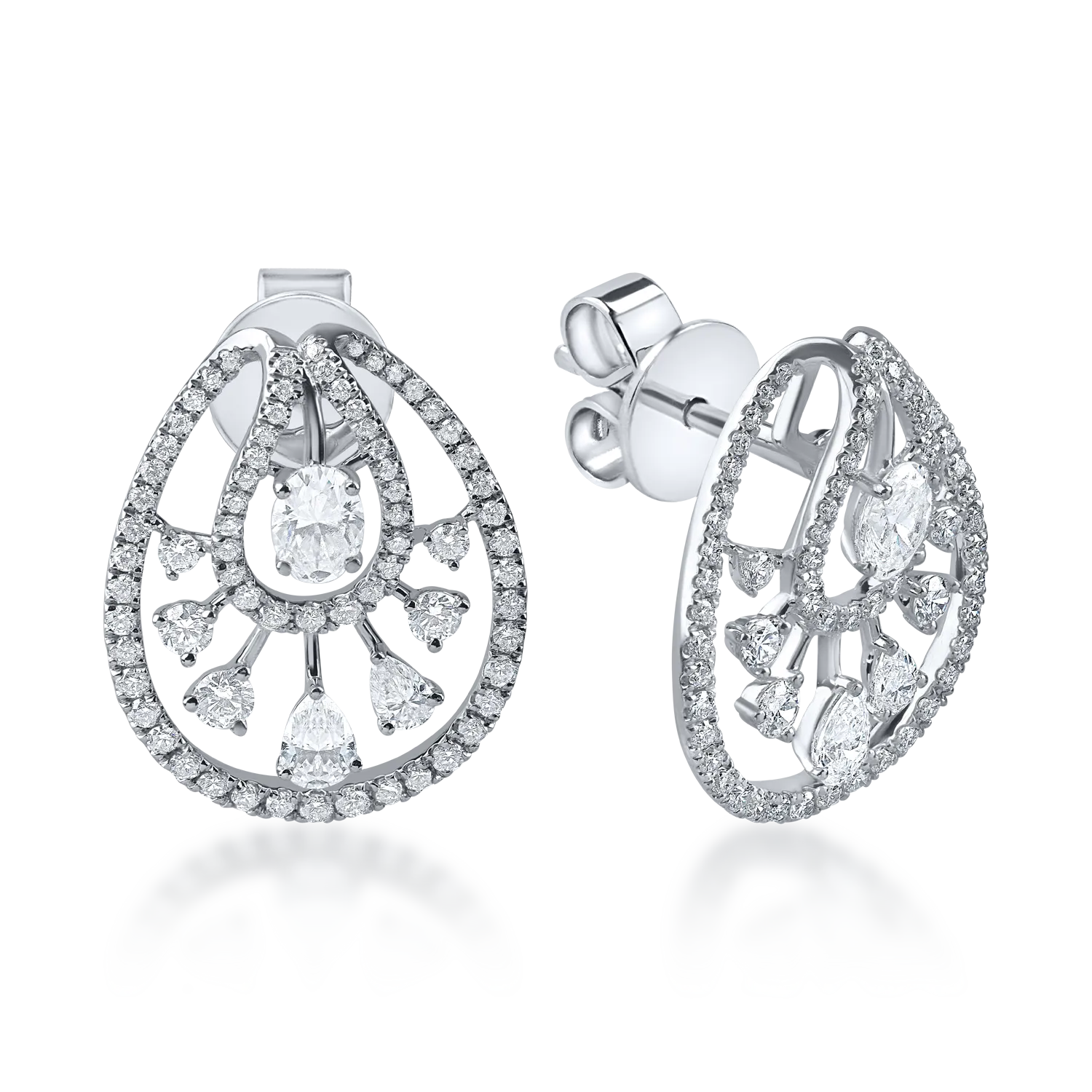 Cercei geometrici din aur alb cu diamante princess, ovale si rotunde de 1.36ct