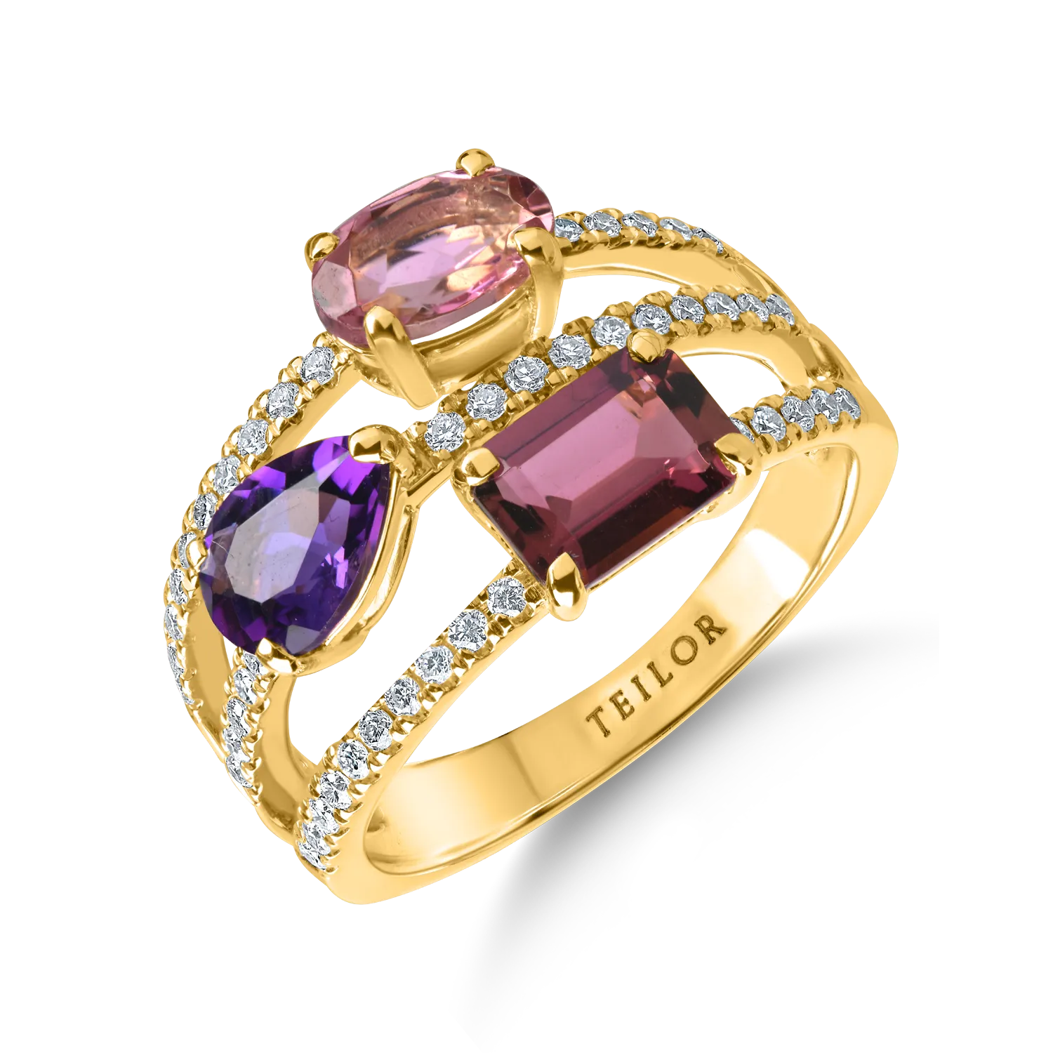 Pierścionek geometryczny z żółtego złota z kamieniami szlachetnymi i półszlachetnymi o masie 2.6ct-190006