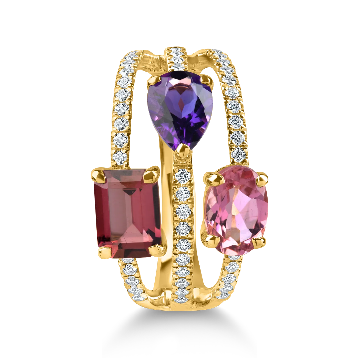 Pierścionek geometryczny z żółtego złota z kamieniami szlachetnymi i półszlachetnymi o masie 2.6ct