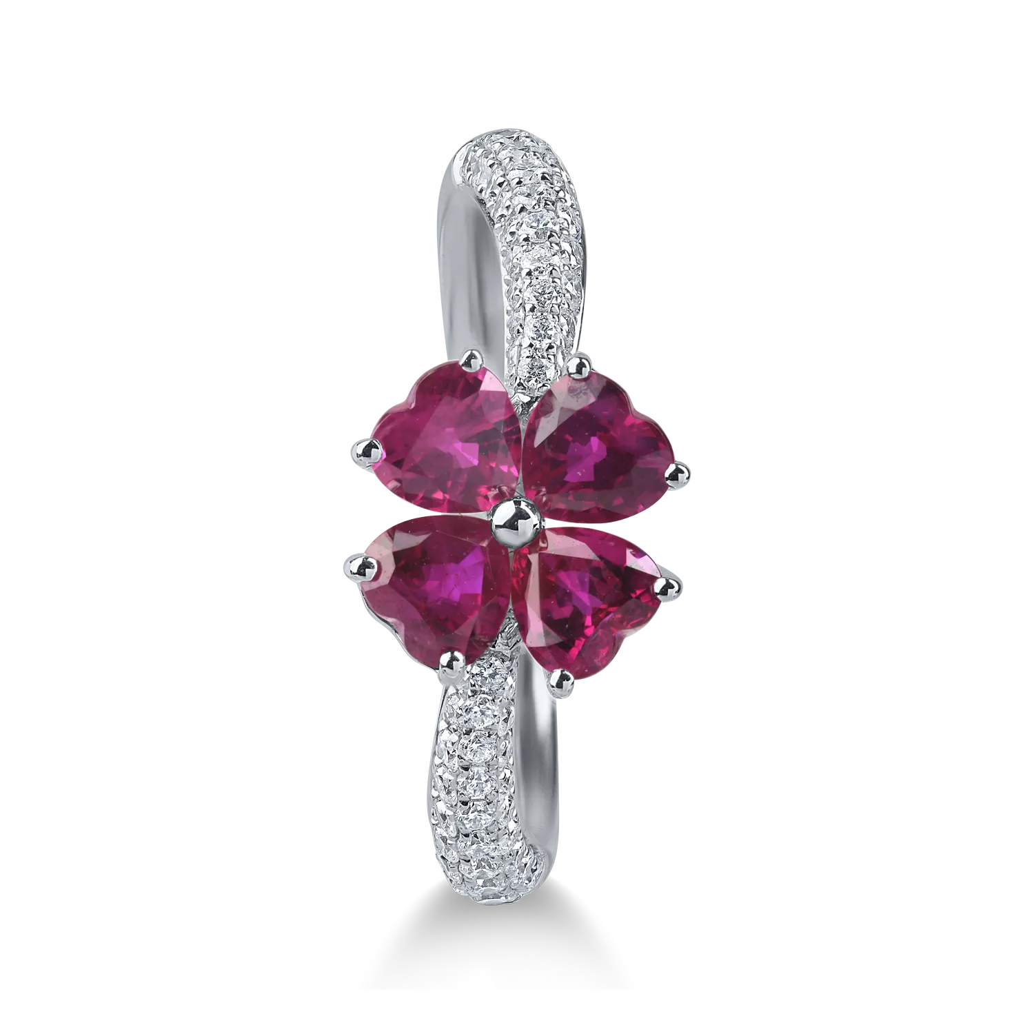 Fehérarany virággyűrű 1.5ct rubinokkal és gyémántokkal