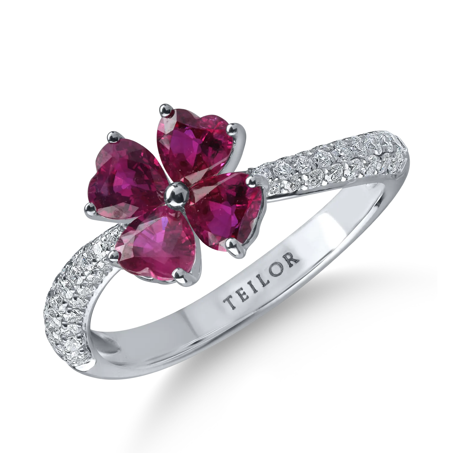Inel floare din aur alb cu rubine heart si diamante de 1.5ct