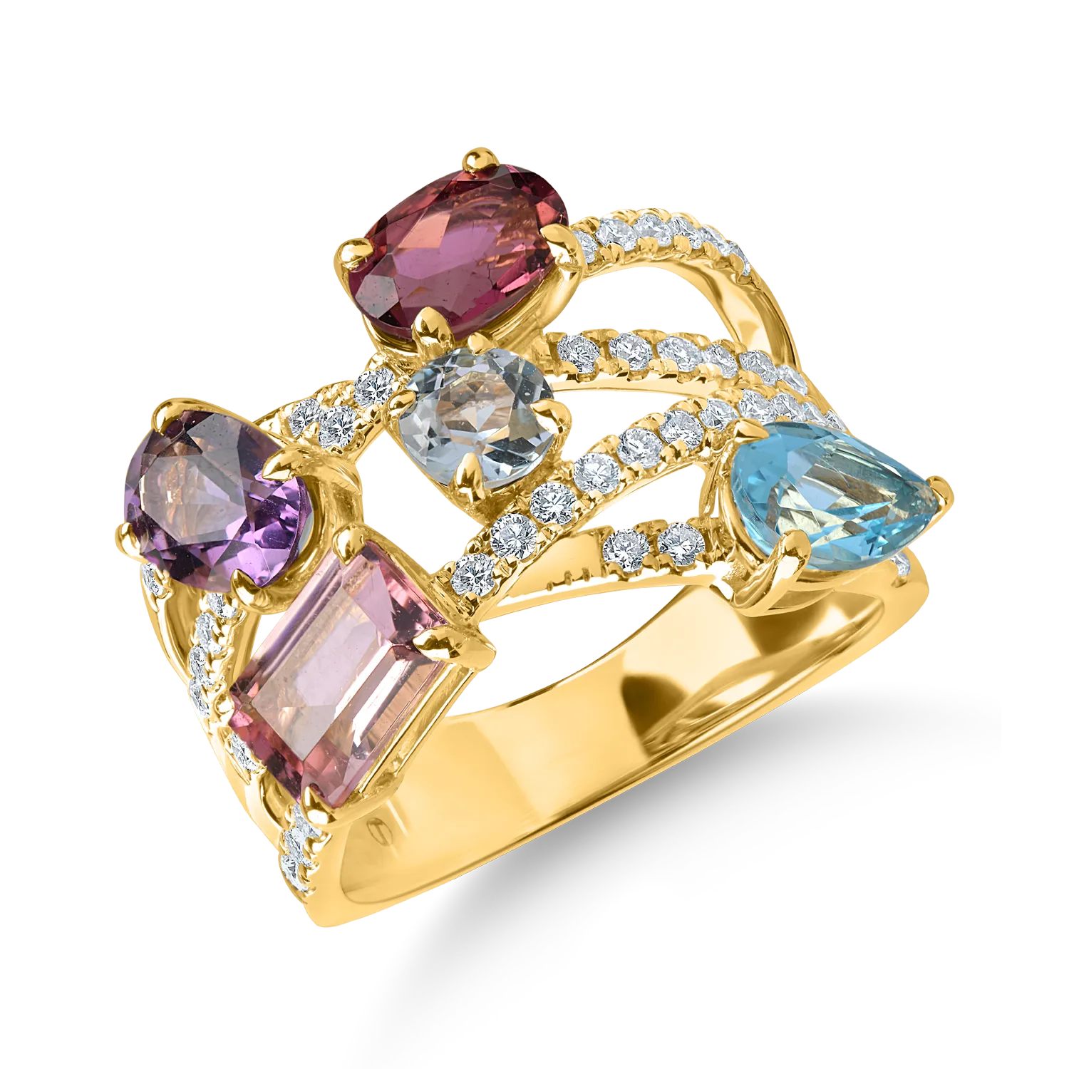Teilor Inel geometric din aur galben cu pietre pretioase si semipretioase de 5.2ct