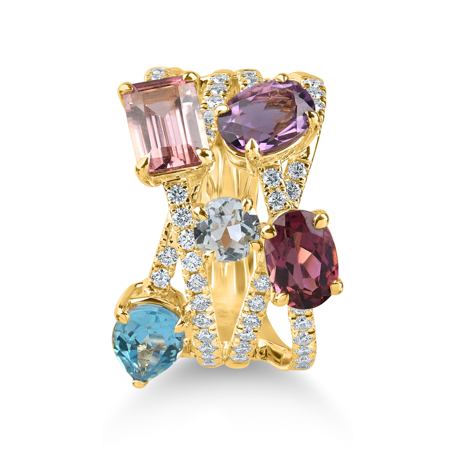Inel geometric din aur galben cu pietre pretioase si semipretioase de 5.2ct