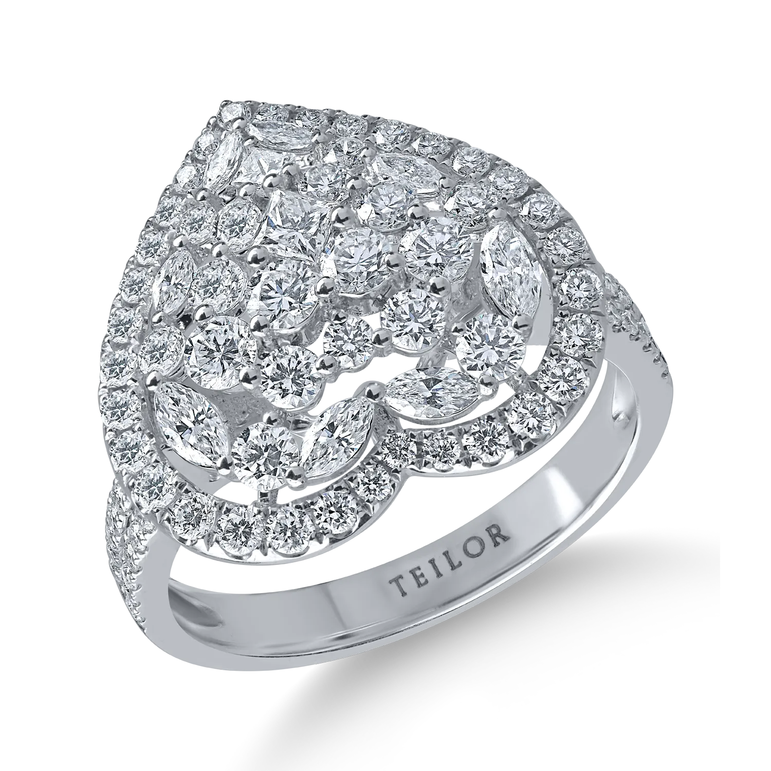 Inel inima din aur alb cu diamante princess, marquise si rotunde de 1.6ct