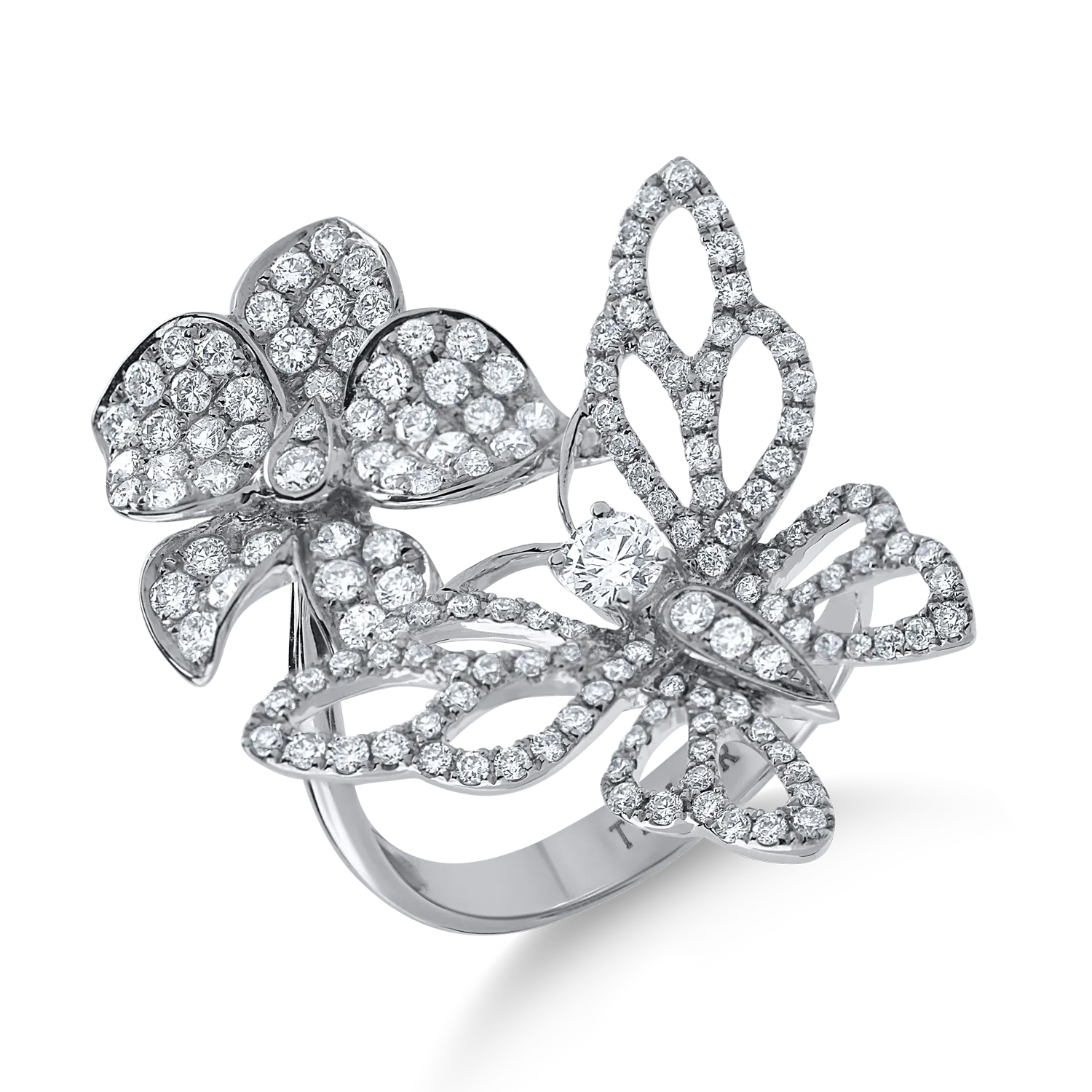Inel fluture-floare din aur alb cu diamante de 1.4ct