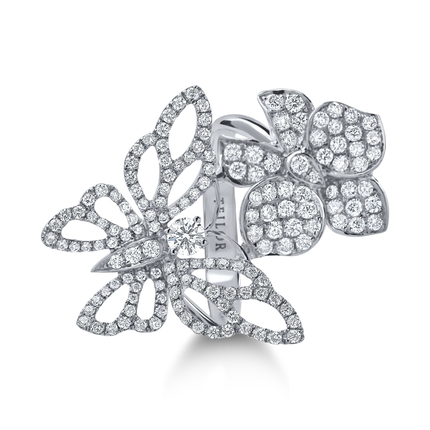Fehérarany pillangós virág gyűrű 1.4ct gyémántokkal
