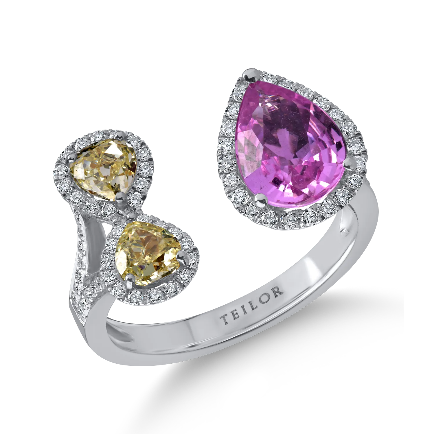 Teilor Inel deschis din aur alb cu safir roz pear si diamante galbene si incolore de 2.6ct