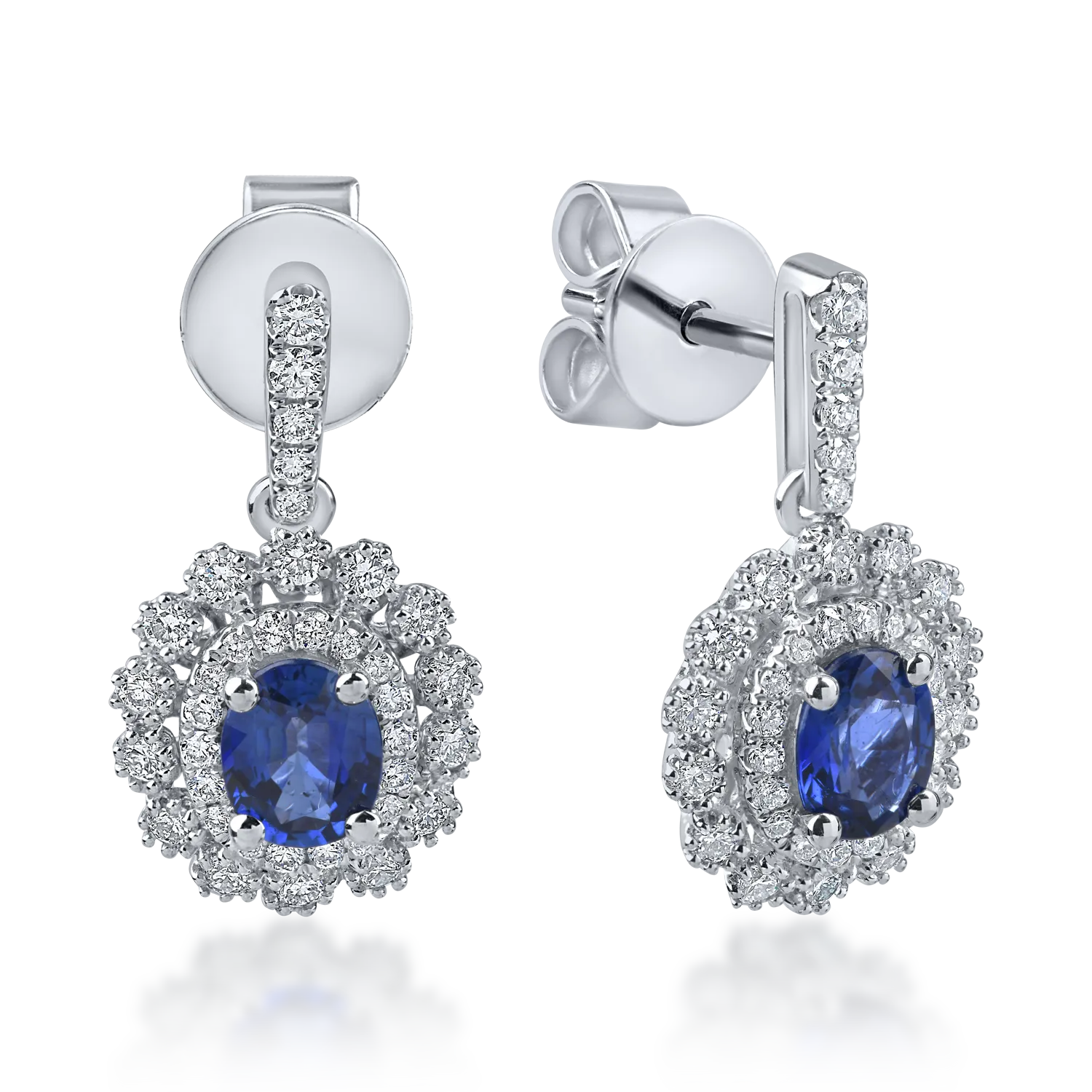 Cercei din aur alb cu safire ovale si diamante de 1.3ct