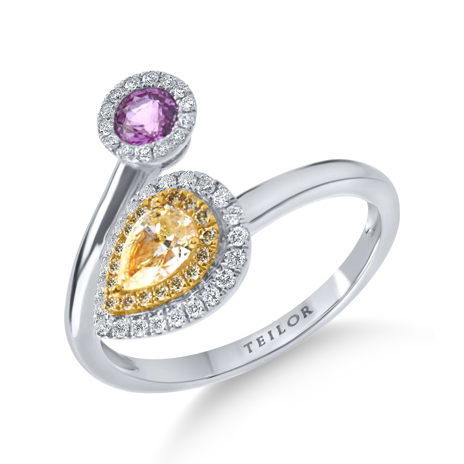 Inel deschis din aur alb cu diamant fancy galben pear de 0.4ct, safir roz de 0.3ct si diamante galbene si incolore de 0.1ct