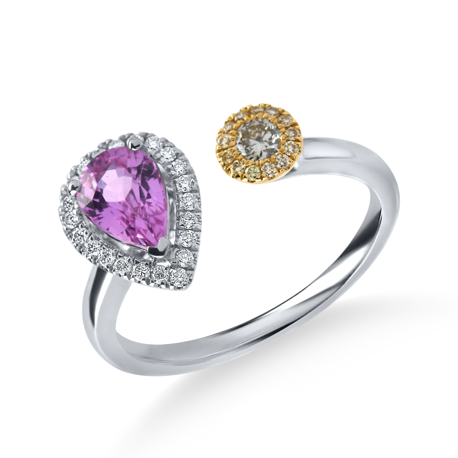 Inel deschis din aur alb cu diamante si safir roz pear de 1.1ct