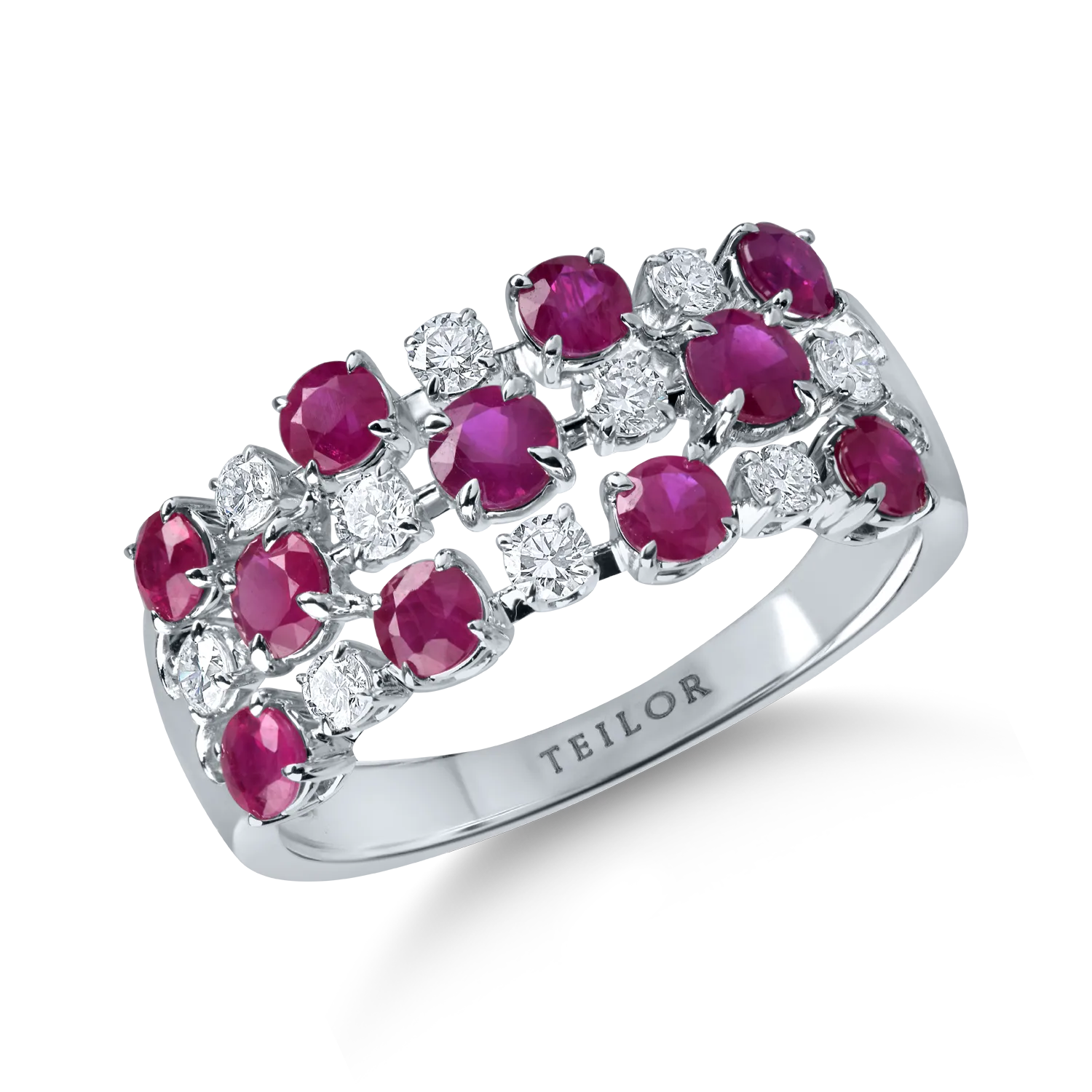 Inel geometric din aur alb cu rubine de 1.4ct si diamante de 0.3ct
