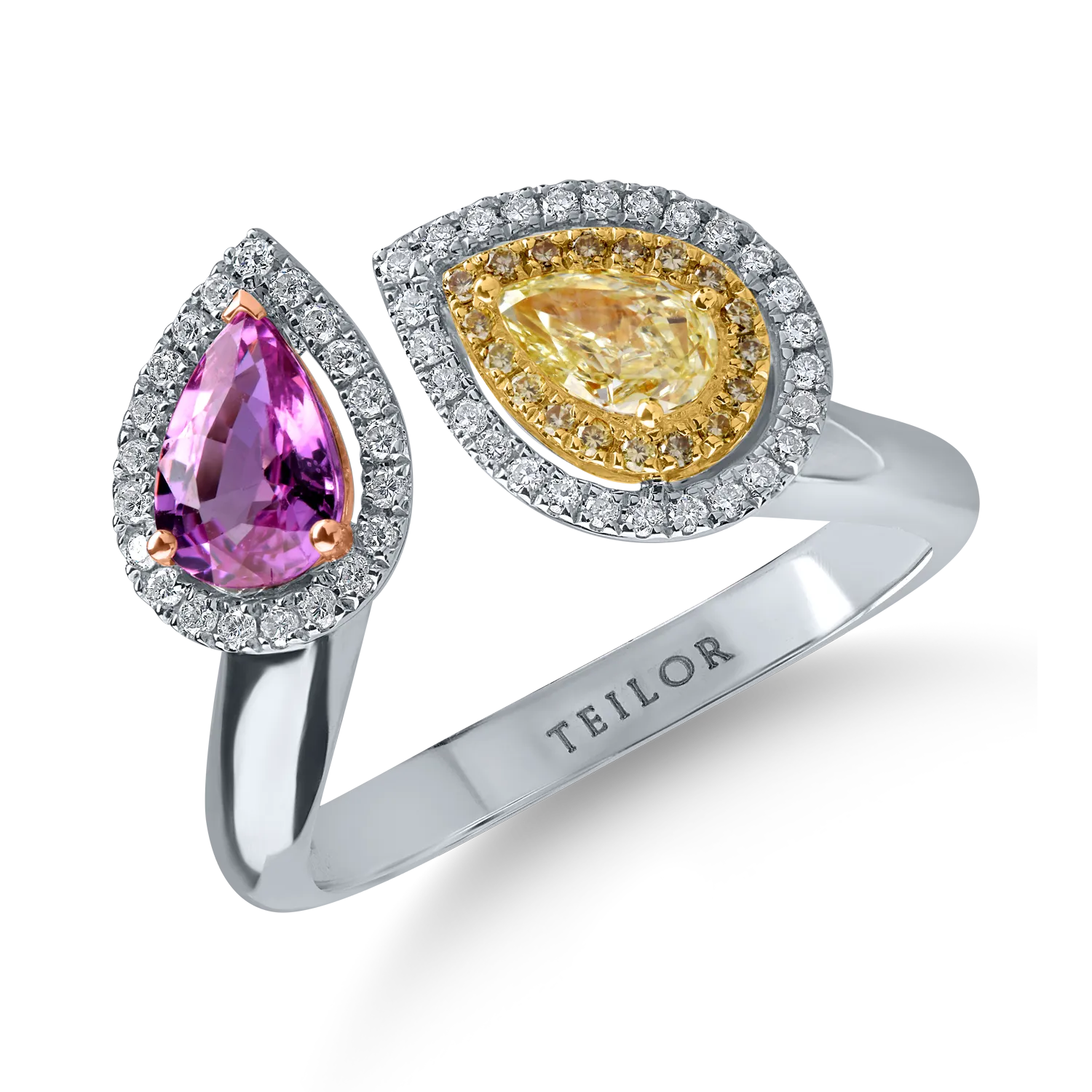 Inel deschis din aur alb cu diamant fancy galben pear de 0.3ct, safir roz de 0.8ct si diamante galbene si incolore de 0.1ct