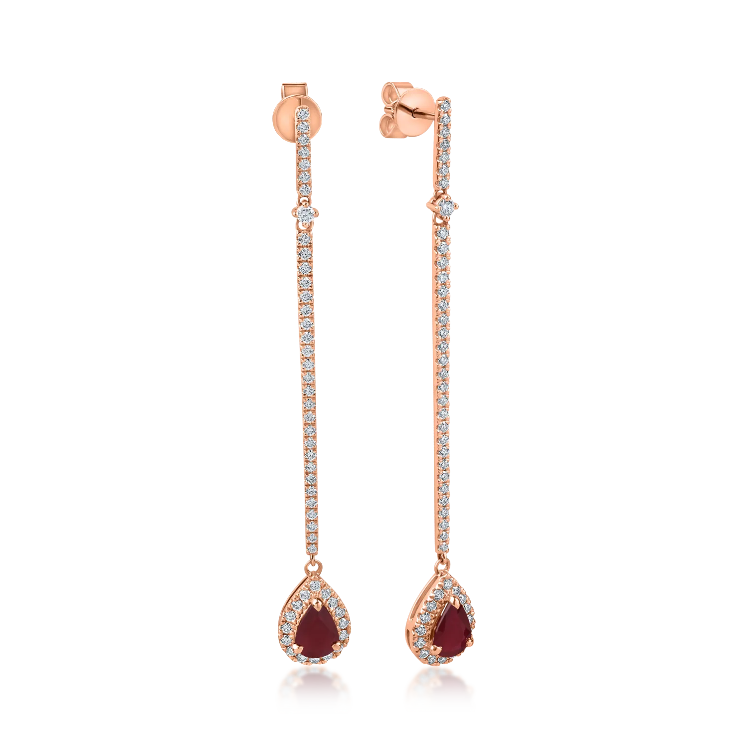 Cercei lungi din aur roz cu rubine de 1.3ct si diamante de 0.9ct