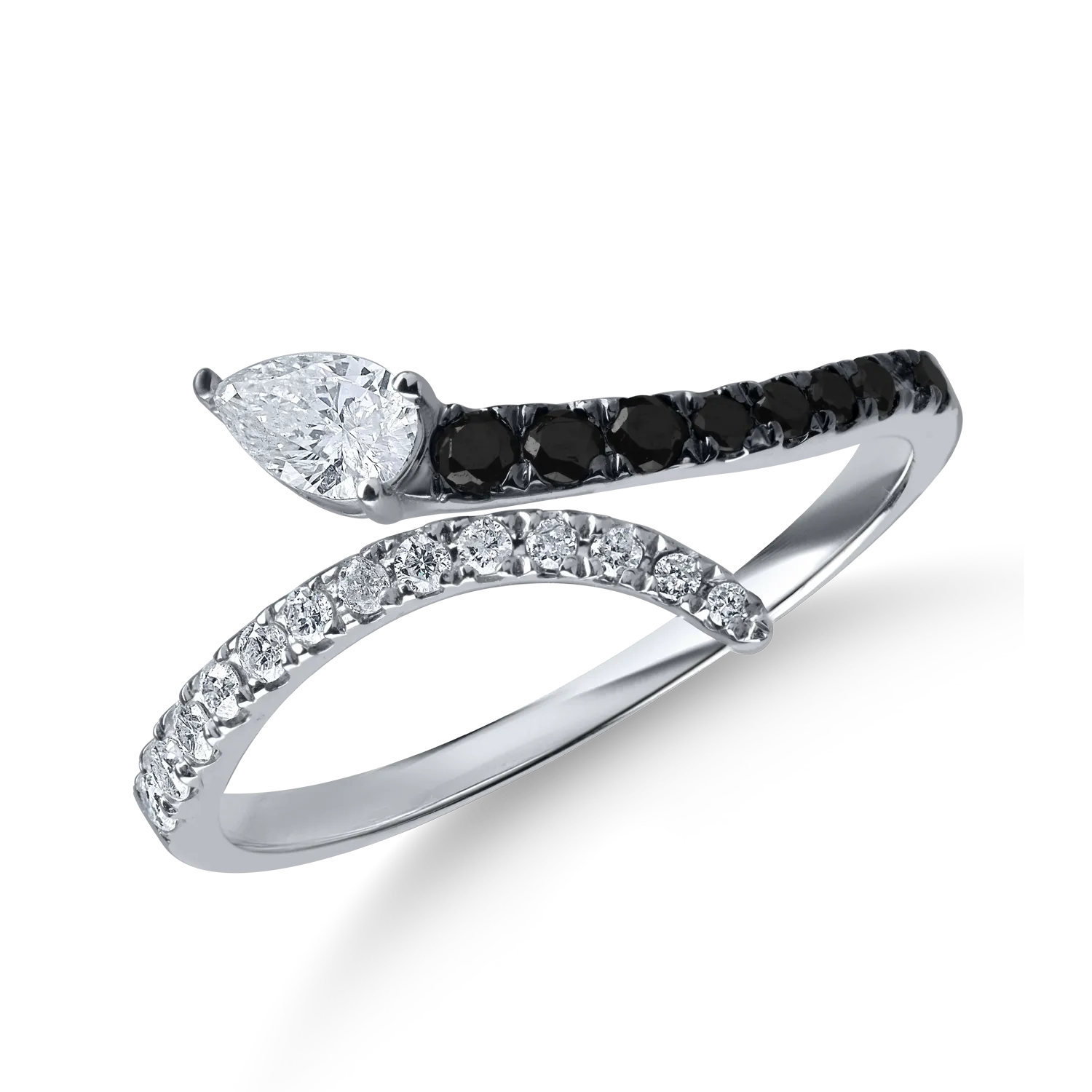 Inel deschis din aur alb cu diamante negre si incolore de 0.3ct