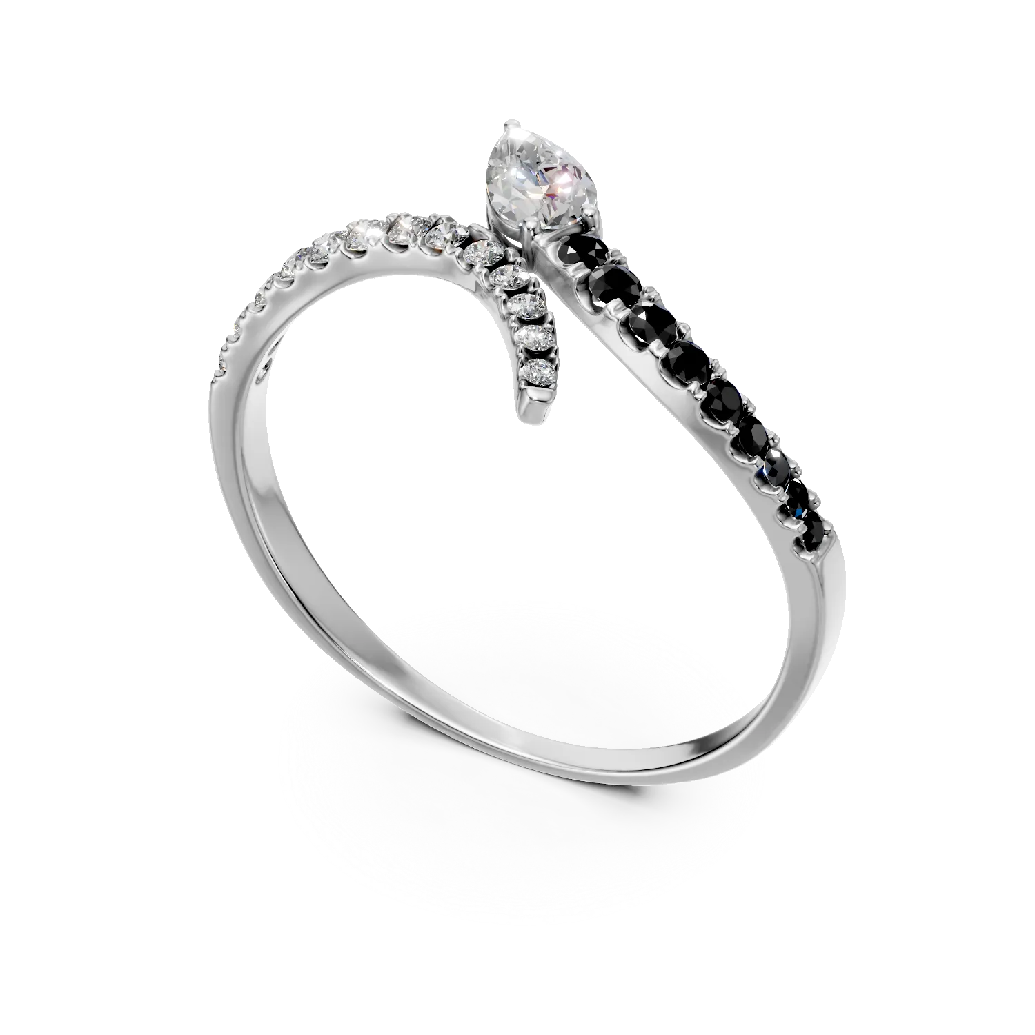 Inel deschis din aur alb cu diamante negre si incolore de 0.3ct
