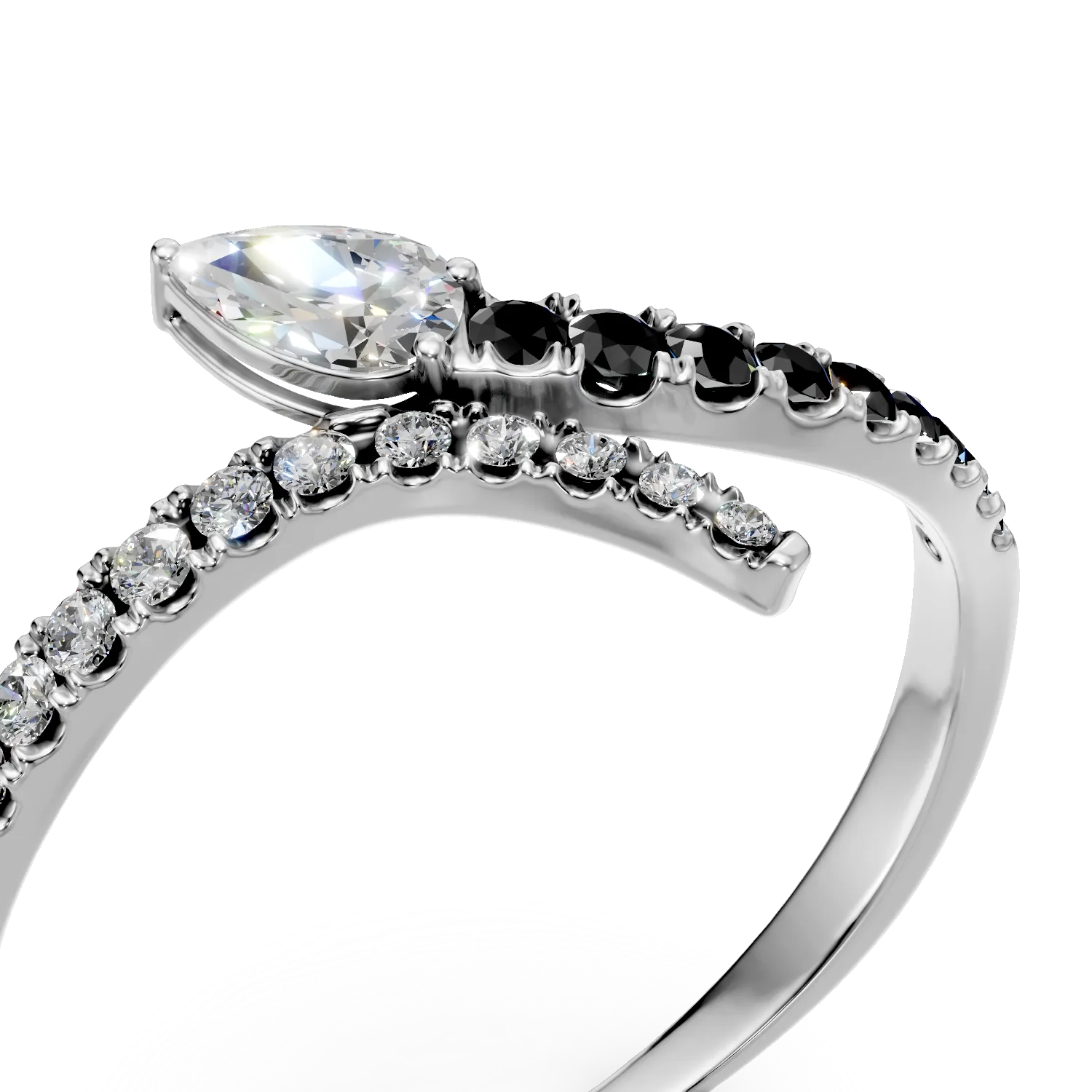 Inel deschis din aur alb cu diamante negre si incolore de 0.3ct