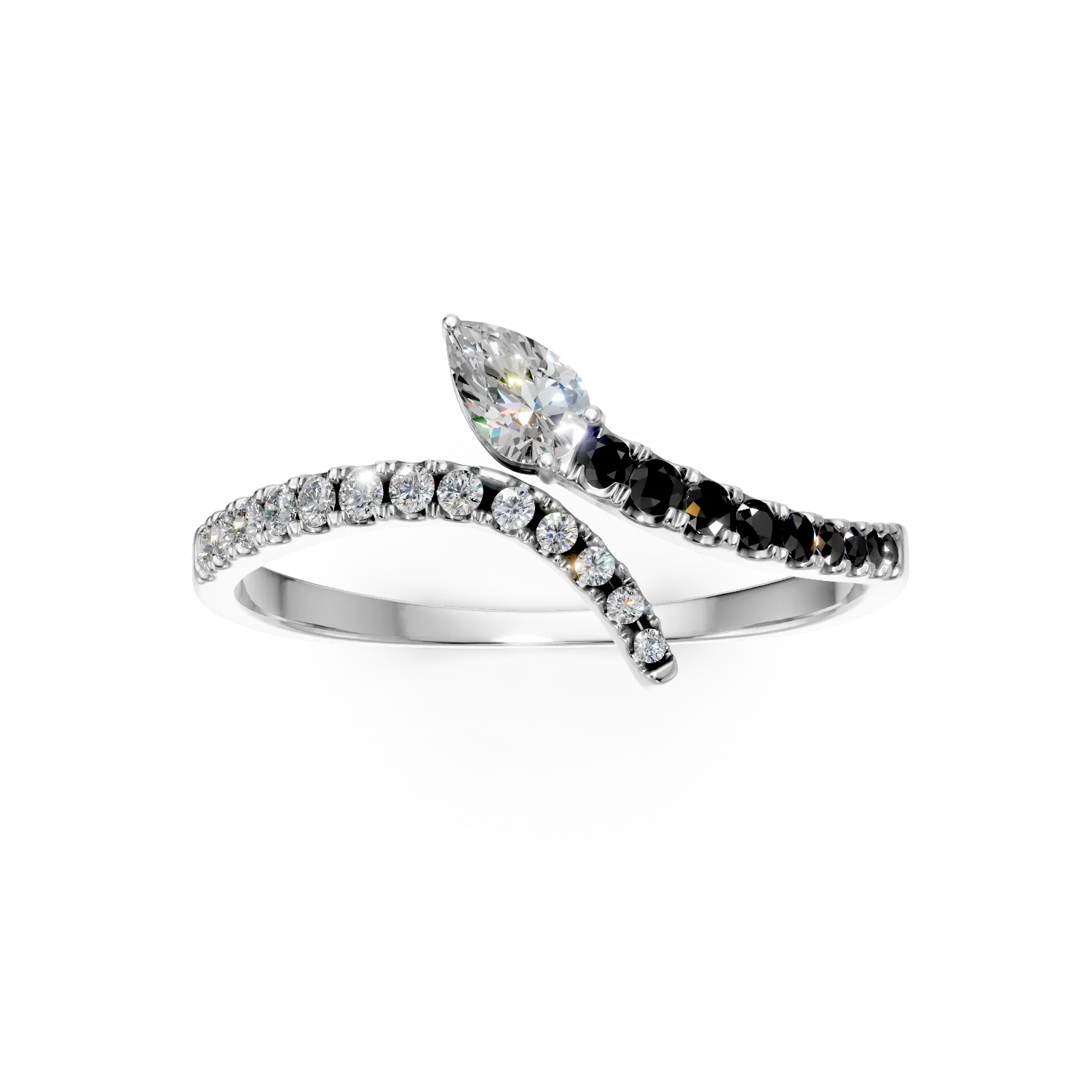 Inel deschis din aur alb cu diamante negre si incolore de 0.3ct