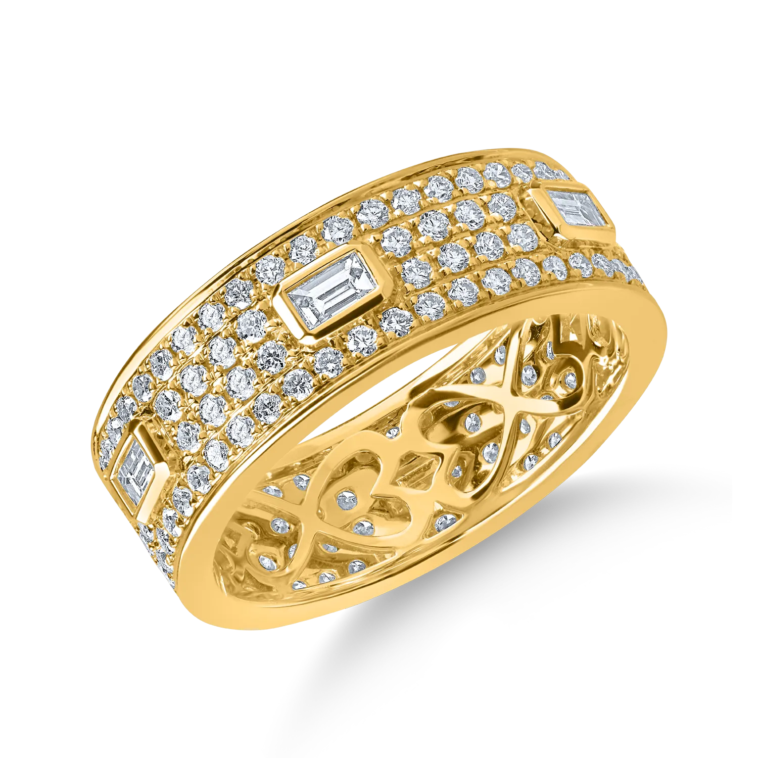 Inel din aur galben cu diamante microsetting baguette si rotunde de 1.3ct