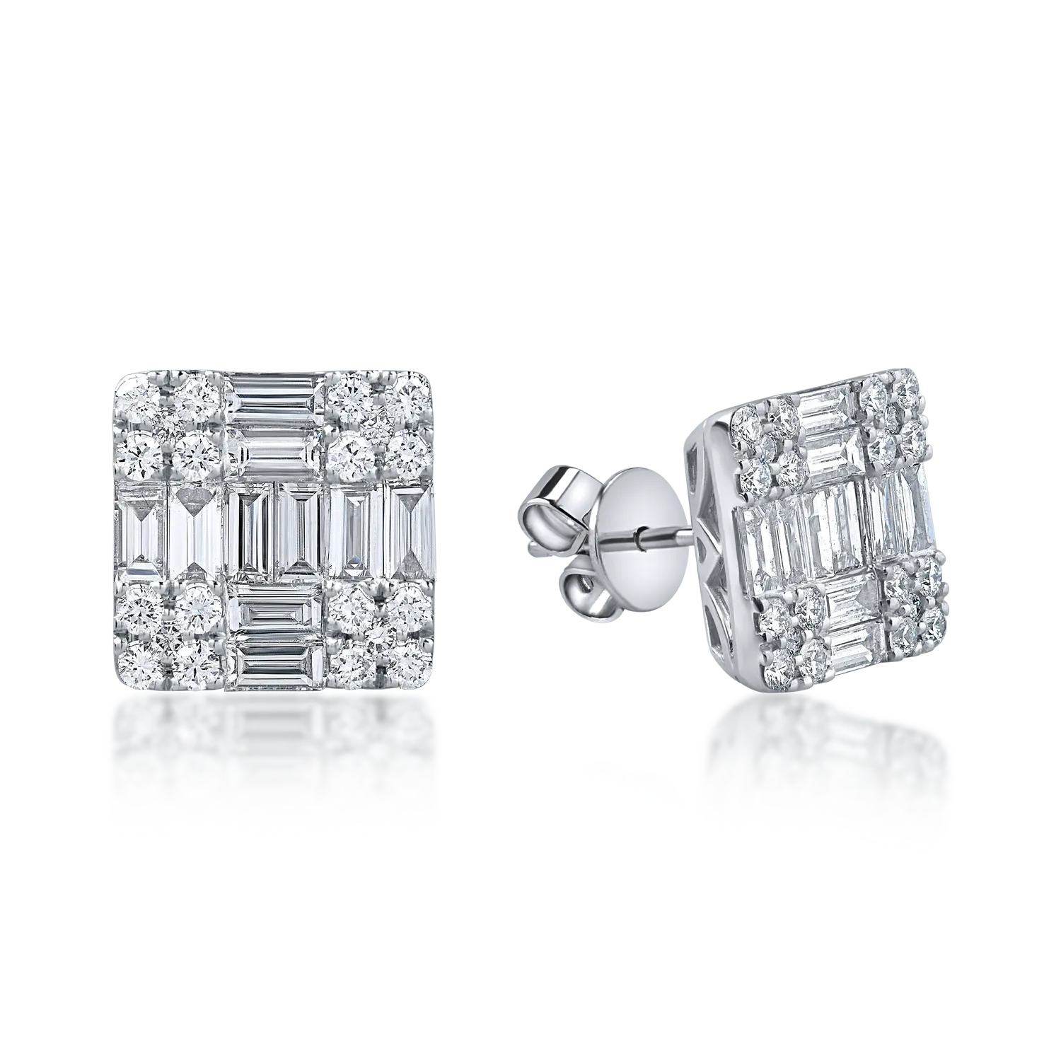 Cercei din aur alb cu diamante baguette si round de 2.2ct