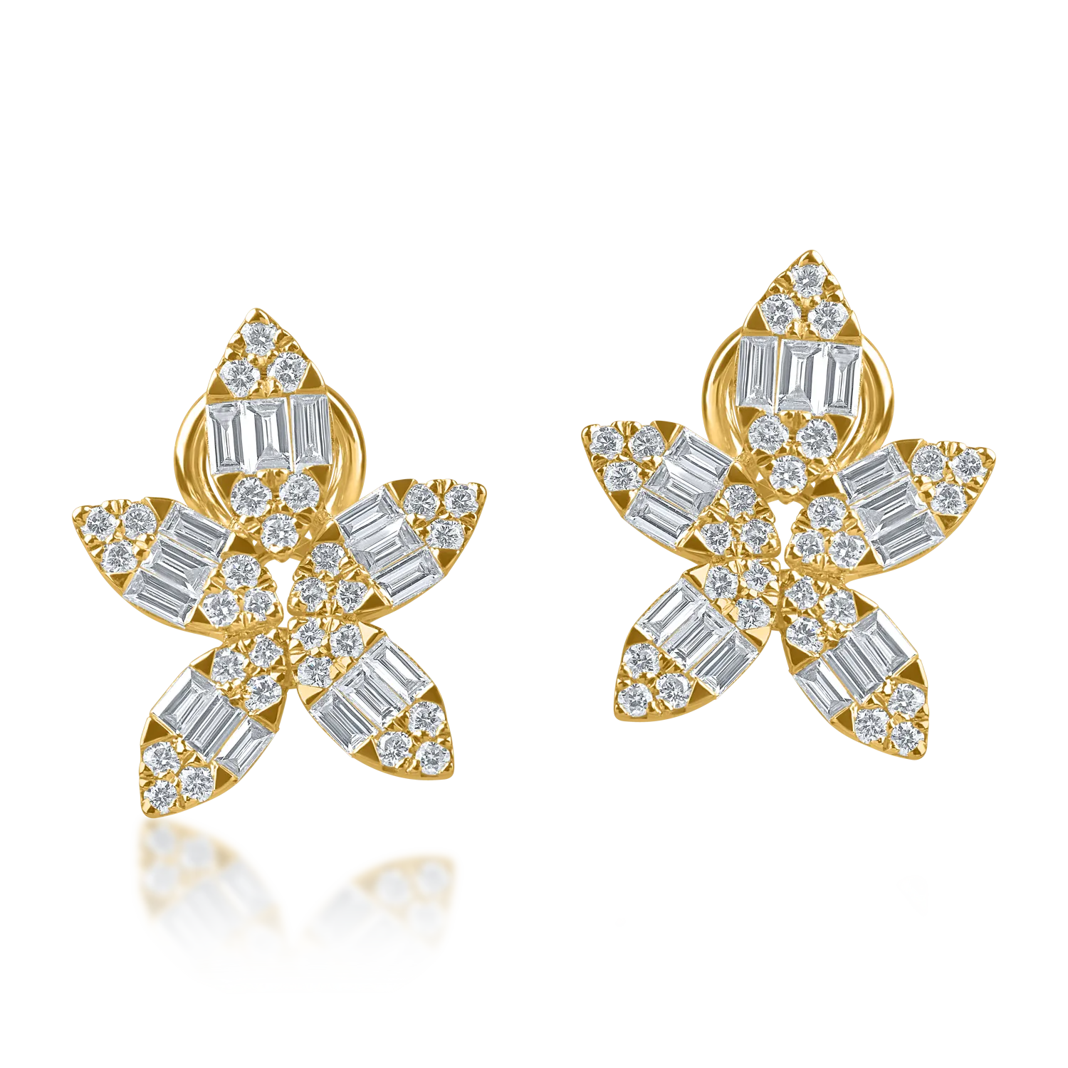 Teilor Cercei flori din aur galben cu diamante baguette si rotunde de 1.3ct