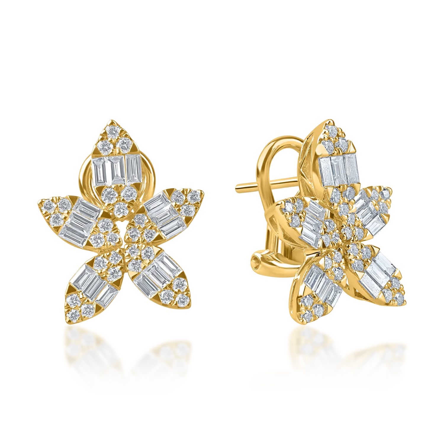 Cercei flori din aur galben cu diamante baguette si rotunde de 1.4ct