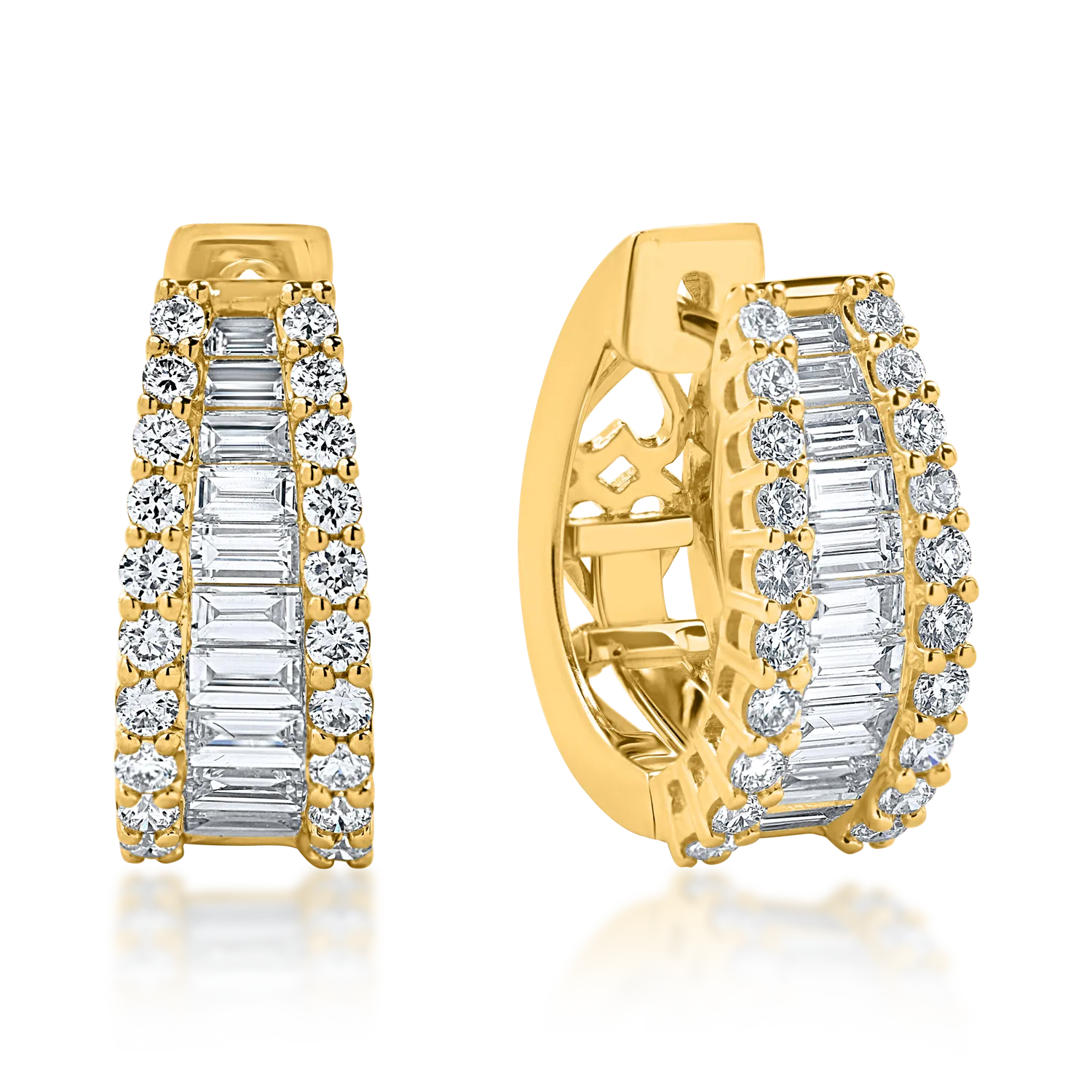 Cercei on ear din aur galben cu diamante baguette si rotunde de 1.9ct