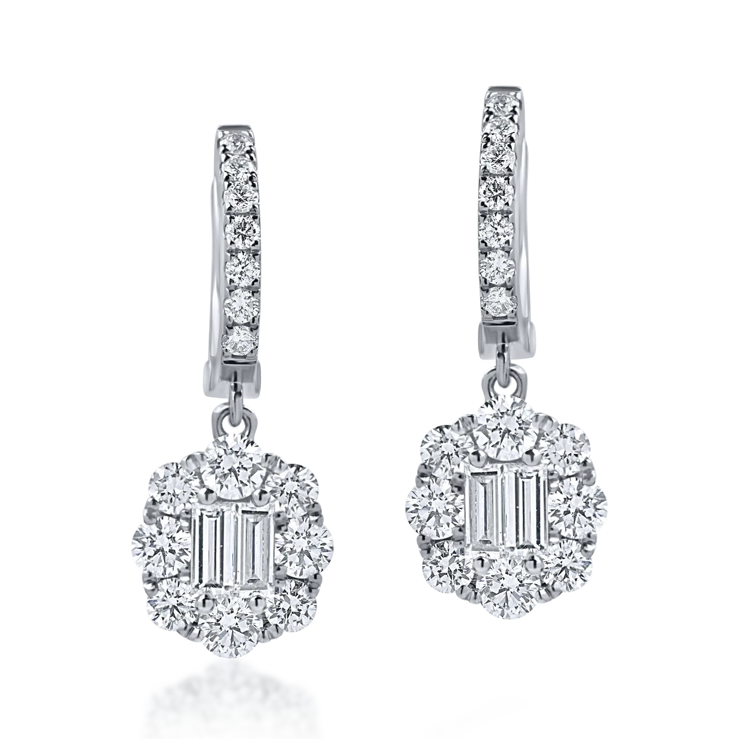 Cercei on ear din aur alb cu diamante baguette si rotunde de 1.8ct - imagine 2