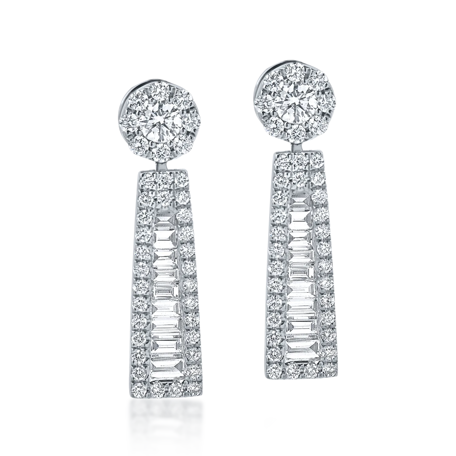 Cercei geometrici din aur alb cu diamante baguette si rotunde de 1.1ct