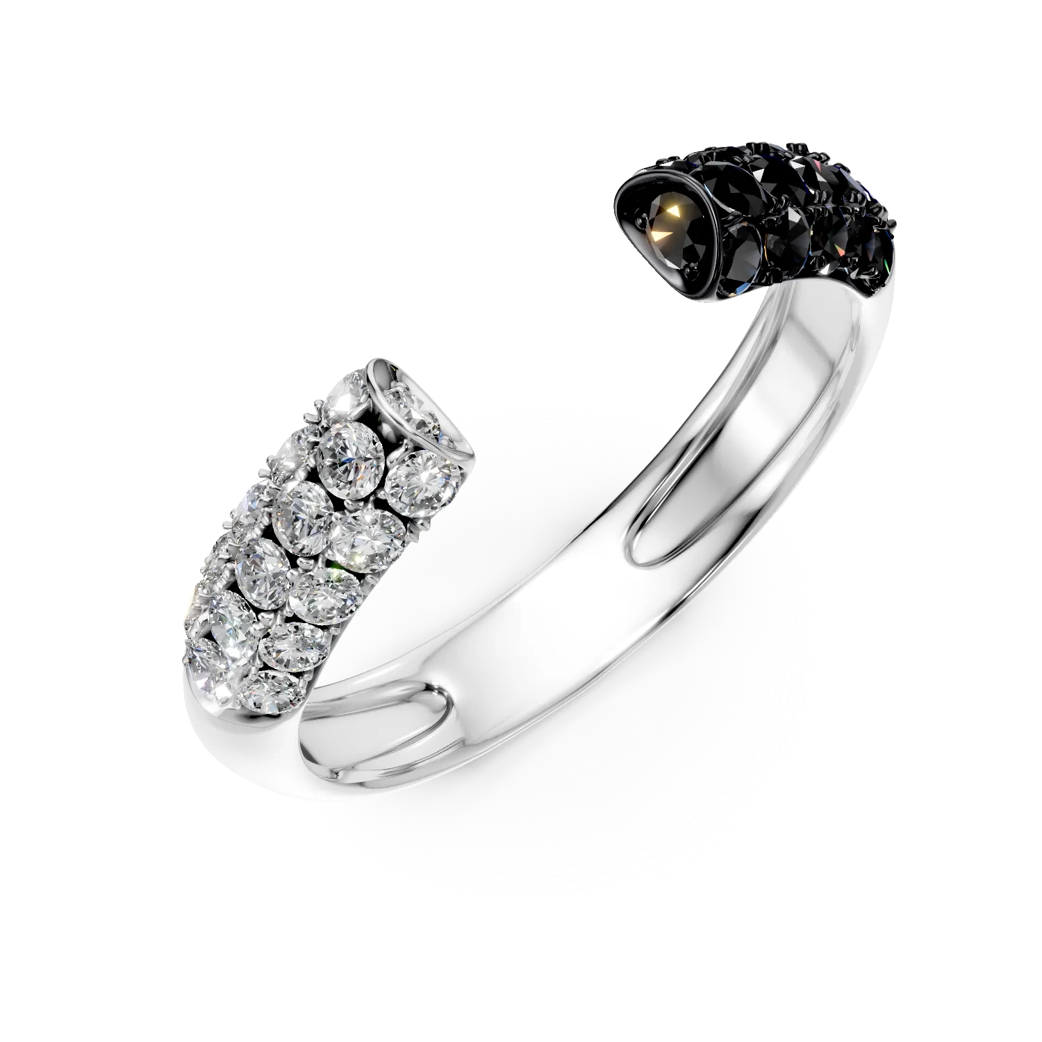 Inel deschis din aur alb cu diamante negre si incolore de 0.8ct