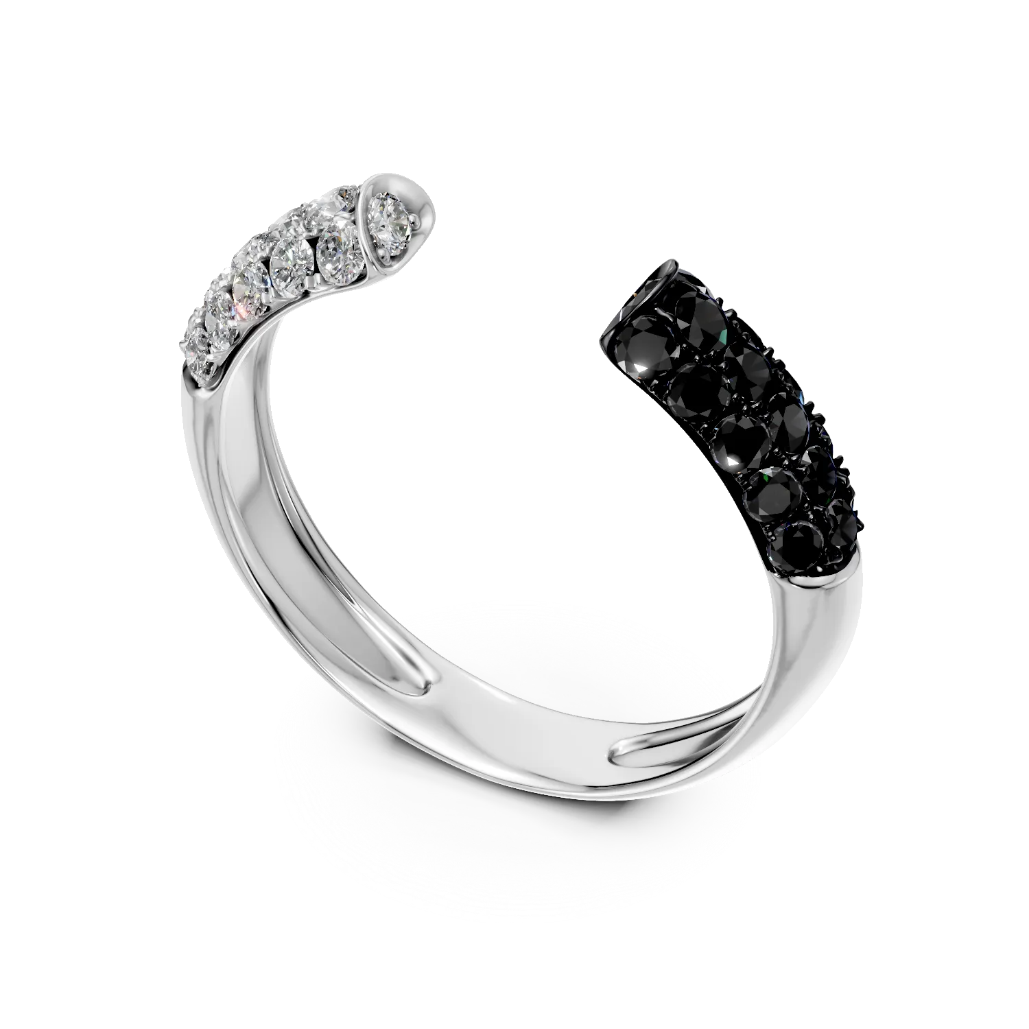 Inel deschis din aur alb cu diamante negre si incolore de 0.8ct