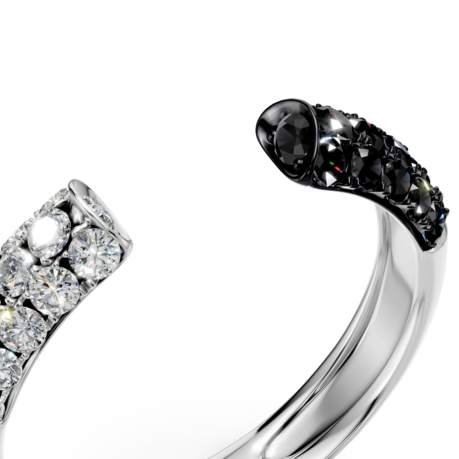 Inel deschis din aur alb cu diamante negre si incolore de 0.8ct