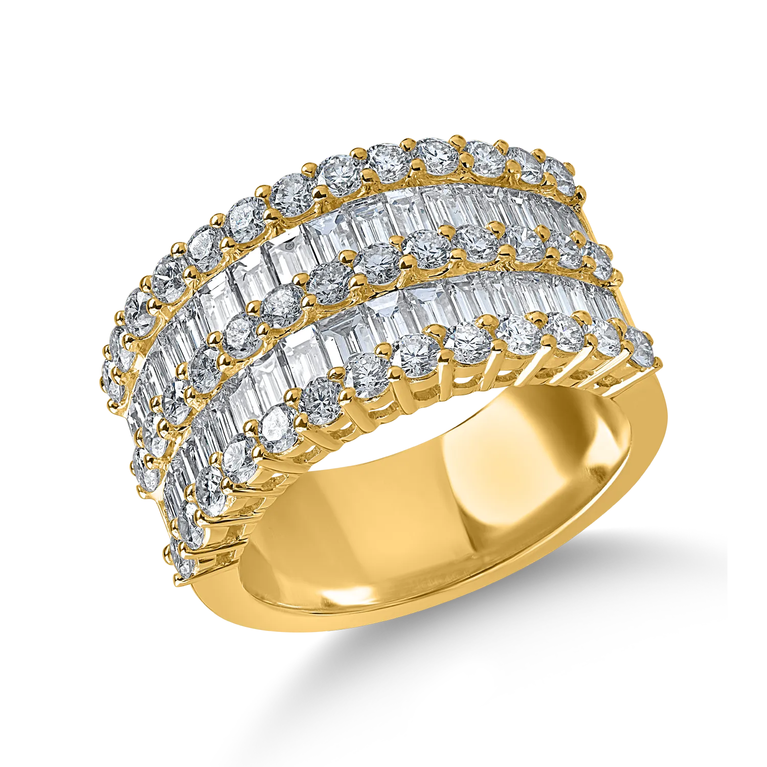 Inel din aur galben cu diamante microsetting baguette si rotunde de 2.6ct