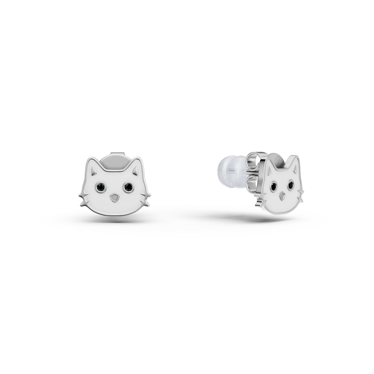 Dziecięce kolczyki z białego złota w kształcie kota z czarnymi diamentami o masie 0.008ct