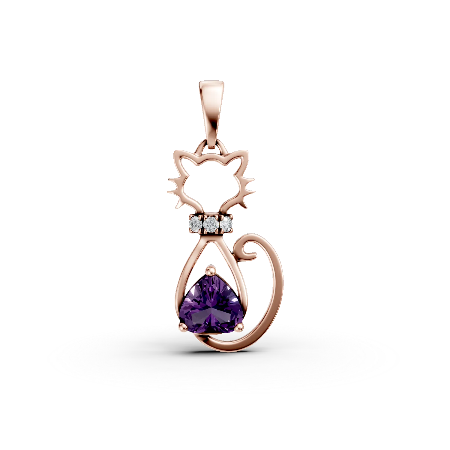Pandantiv pisica din aur roz cu ametist de 0.1ct si diamante de 0.06ct