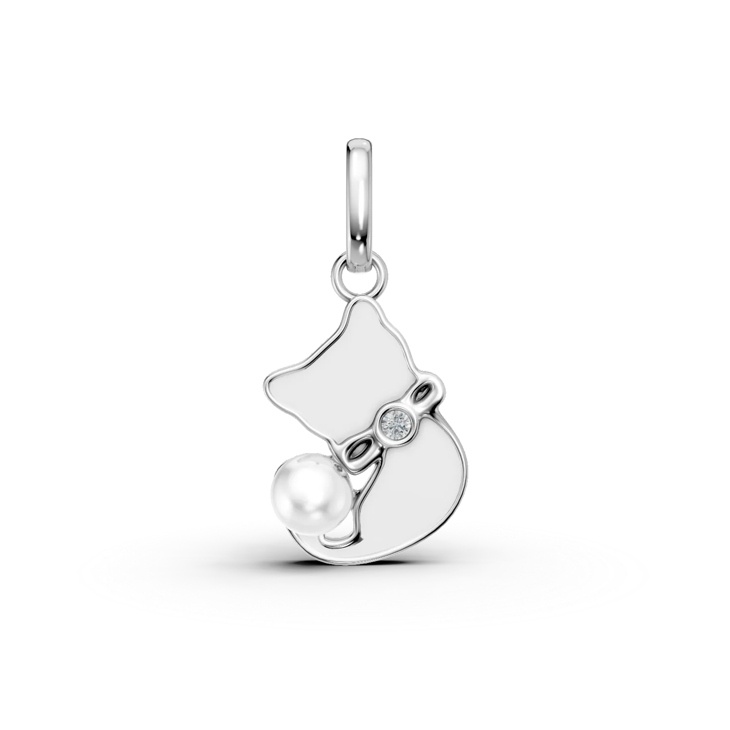 Pandantiv pisica din aur alb cu diamante de 0.03ct si perla sintetica