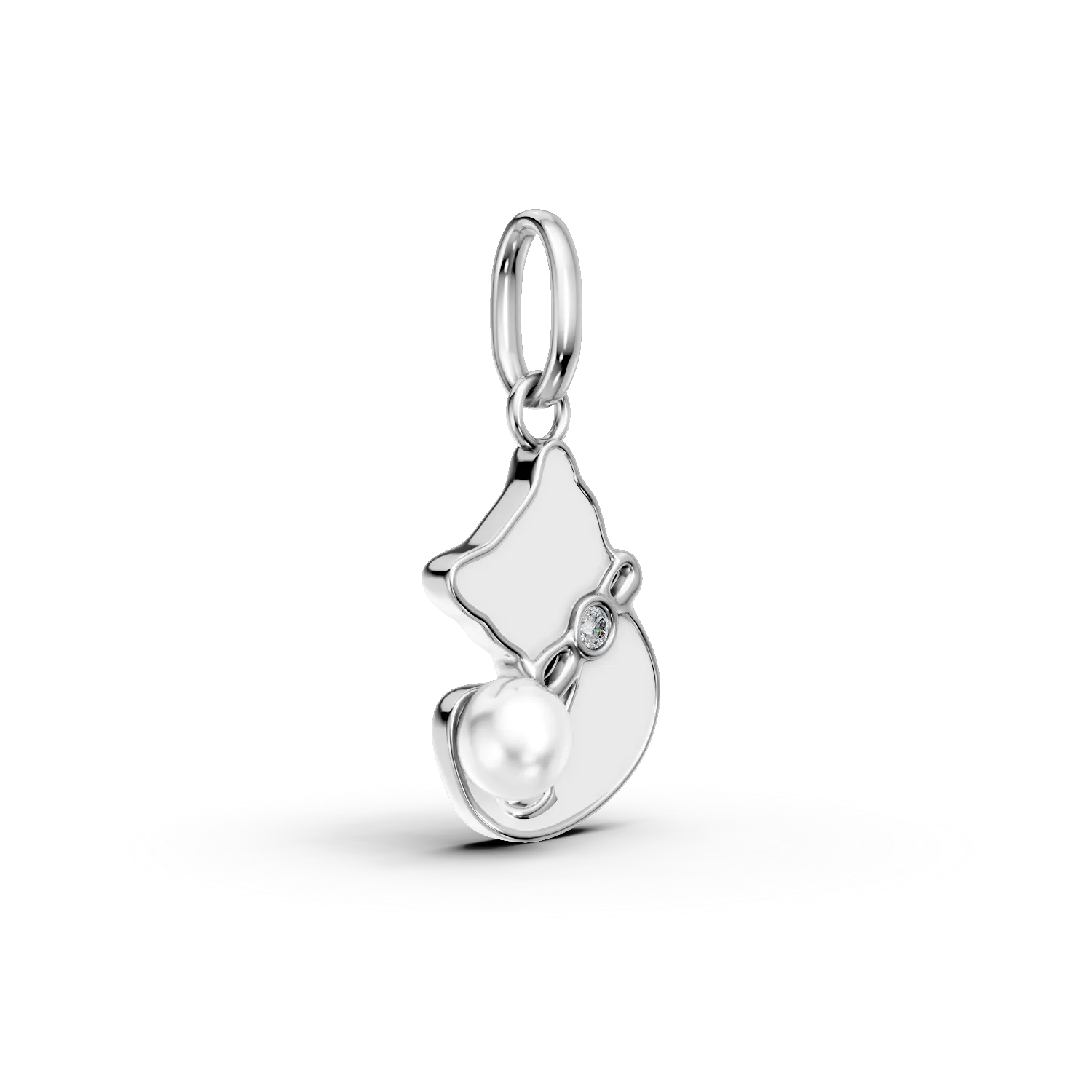 Pandantiv pisica din aur alb cu diamante de 0.03ct si perla sintetica