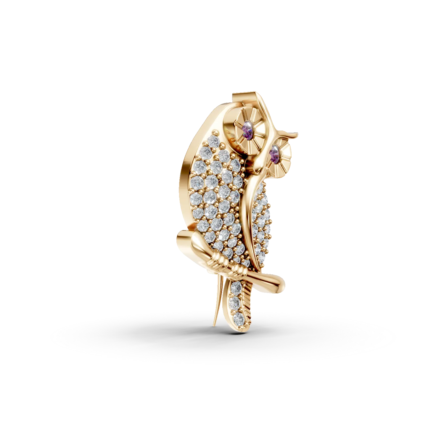 Yellow gold owl brooch with zirconia