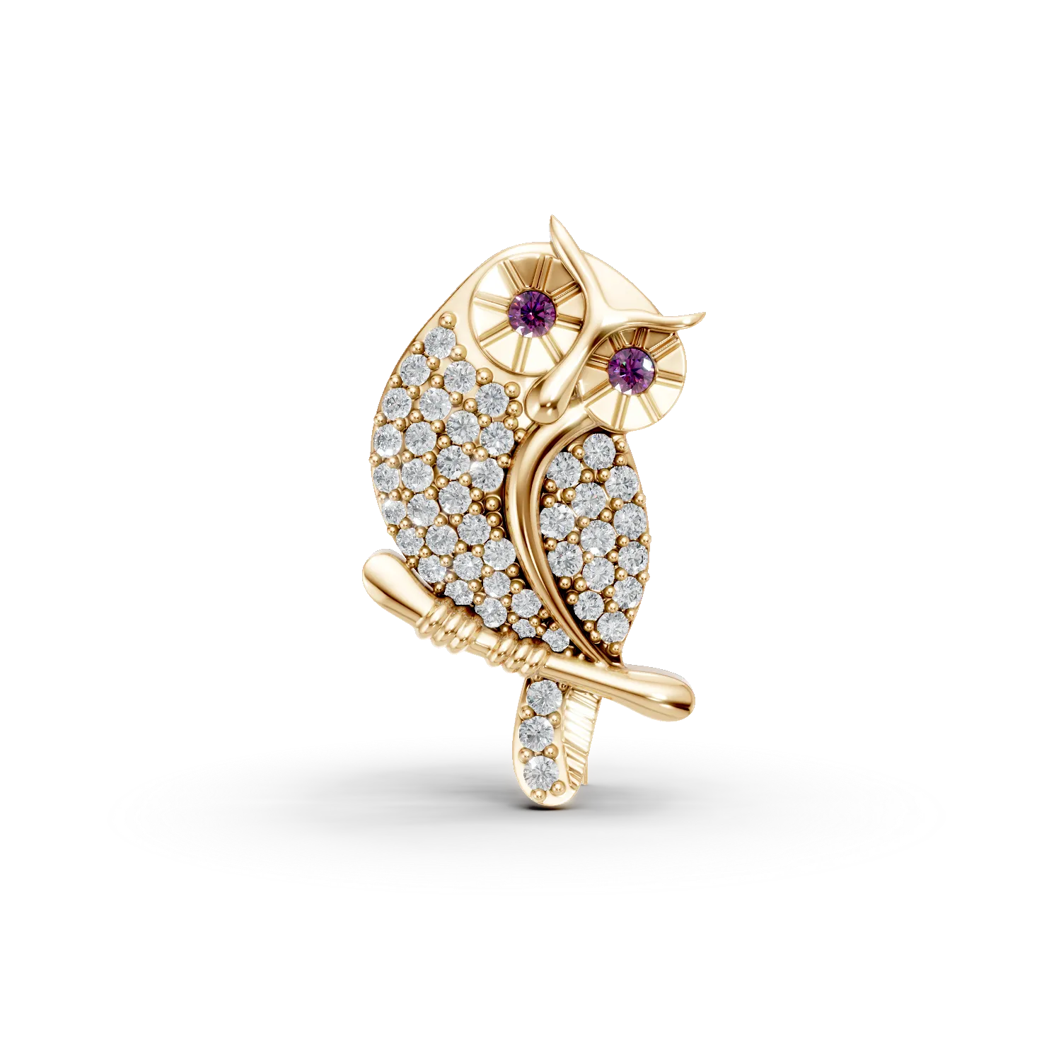Yellow gold owl brooch with zirconia