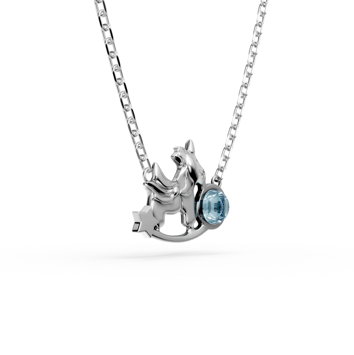 Lant cu pandantiv unicorn din aur alb cu topaz albastru de 0.1ct pentru copii