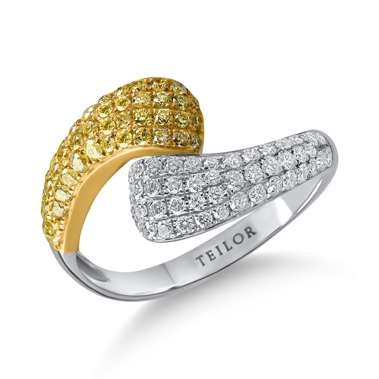Inel geometric din aur alb-galben cu diamante galbene si incolore de 0.86ct